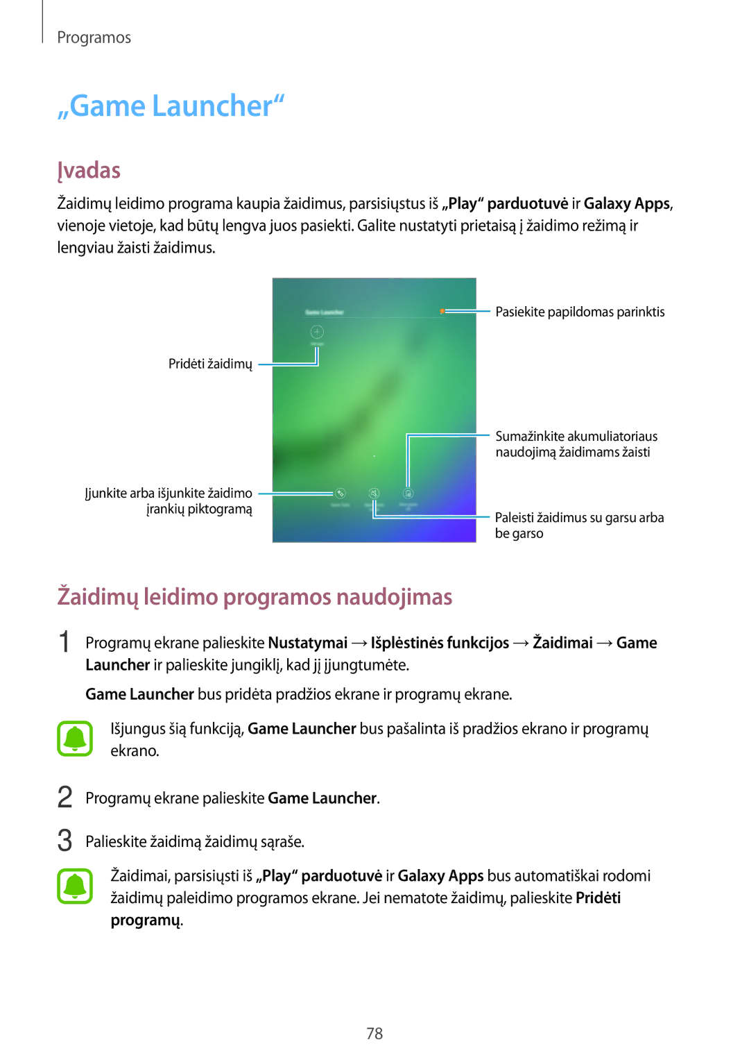 Samsung SM-T815NZDESEB, SM-T815NZKESEB, SM-T815NZWESEB manual „Game Launcher, Žaidimų leidimo programos naudojimas 