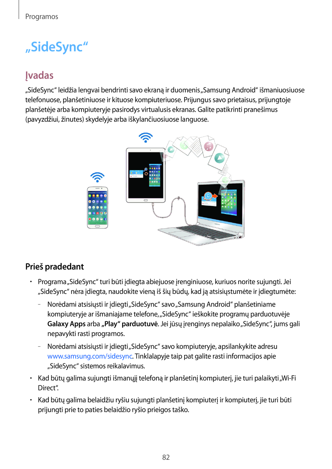 Samsung SM-T815NZKESEB, SM-T815NZDESEB, SM-T815NZWESEB manual „SideSync, Prieš pradedant 