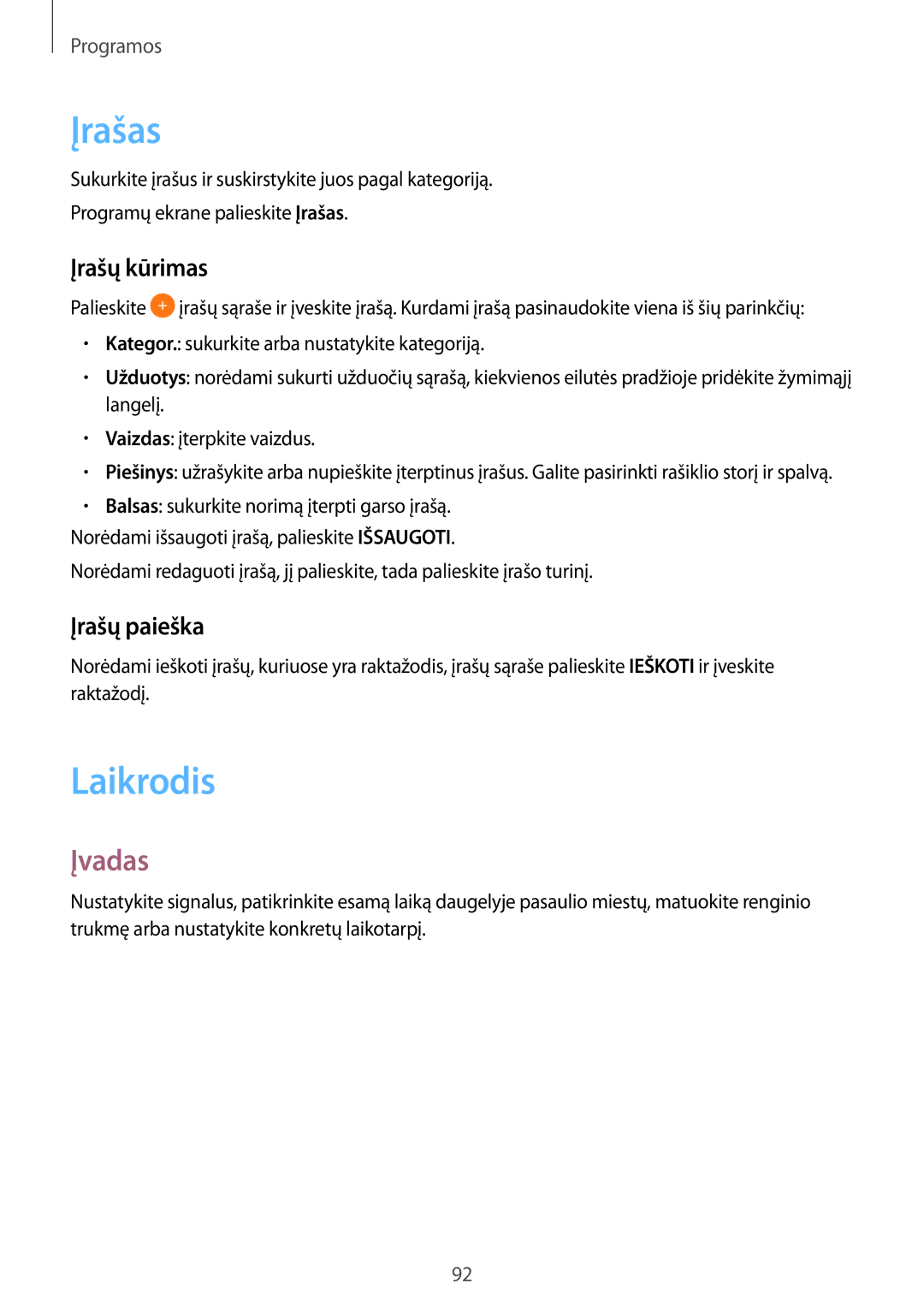 Samsung SM-T815NZWESEB, SM-T815NZDESEB, SM-T815NZKESEB manual Įrašas, Laikrodis, Įrašų kūrimas, Įrašų paieška 