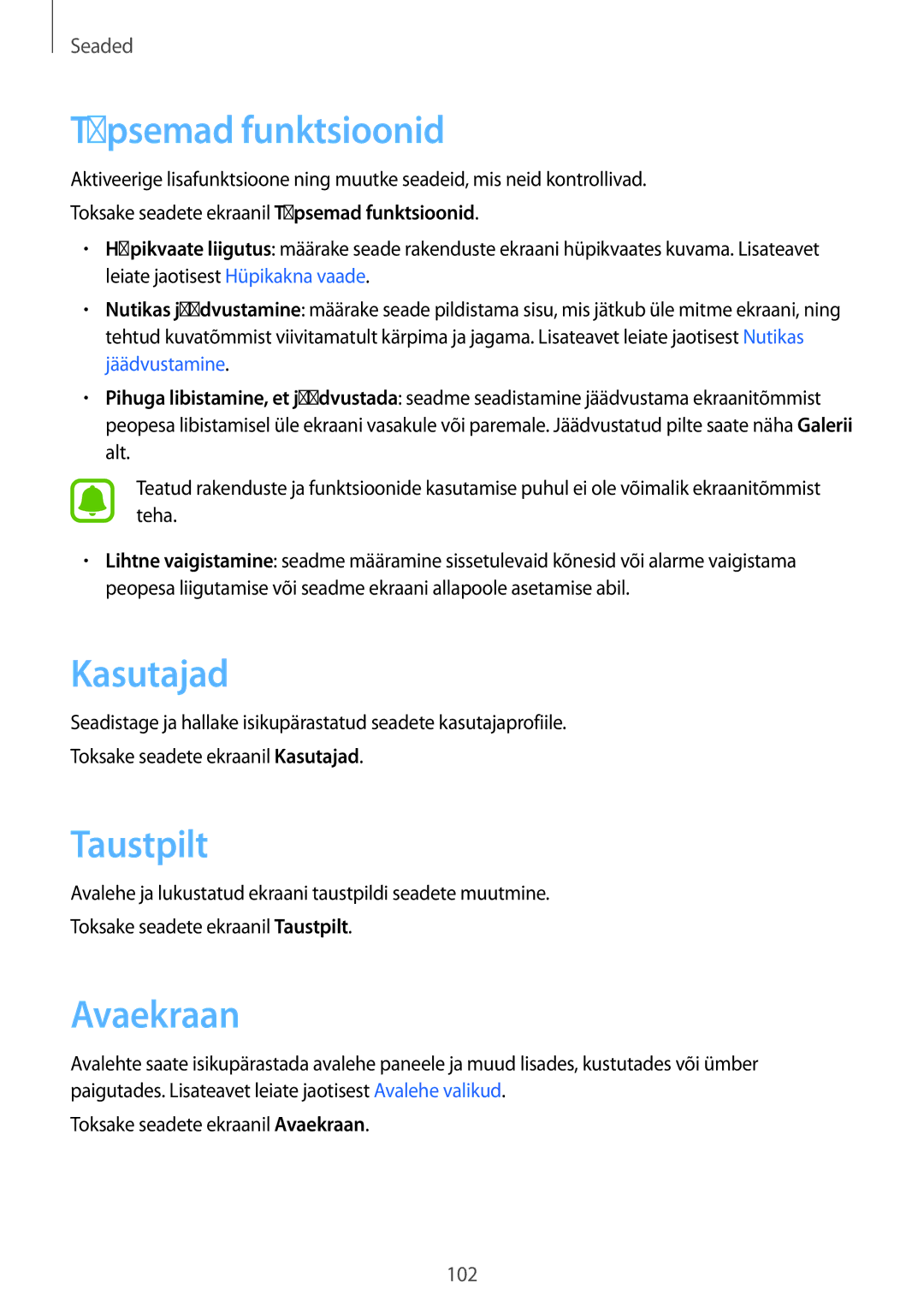 Samsung SM-T815NZDESEB, SM-T815NZKESEB, SM-T815NZWESEB manual Täpsemad funktsioonid, Kasutajad, Taustpilt, Avaekraan 