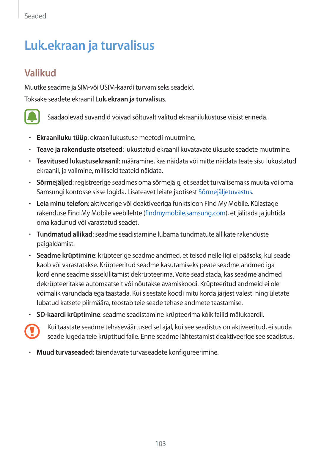 Samsung SM-T815NZKESEB, SM-T815NZDESEB, SM-T815NZWESEB manual Luk.ekraan ja turvalisus, Valikud 