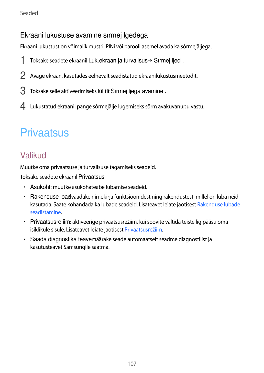 Samsung SM-T815NZWESEB, SM-T815NZDESEB, SM-T815NZKESEB manual Privaatsus, Ekraani lukustuse avamine sõrmejälgedega 