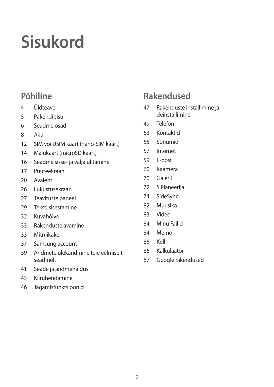 Samsung SM-T815NZWESEB, SM-T815NZDESEB, SM-T815NZKESEB manual Sisukord 