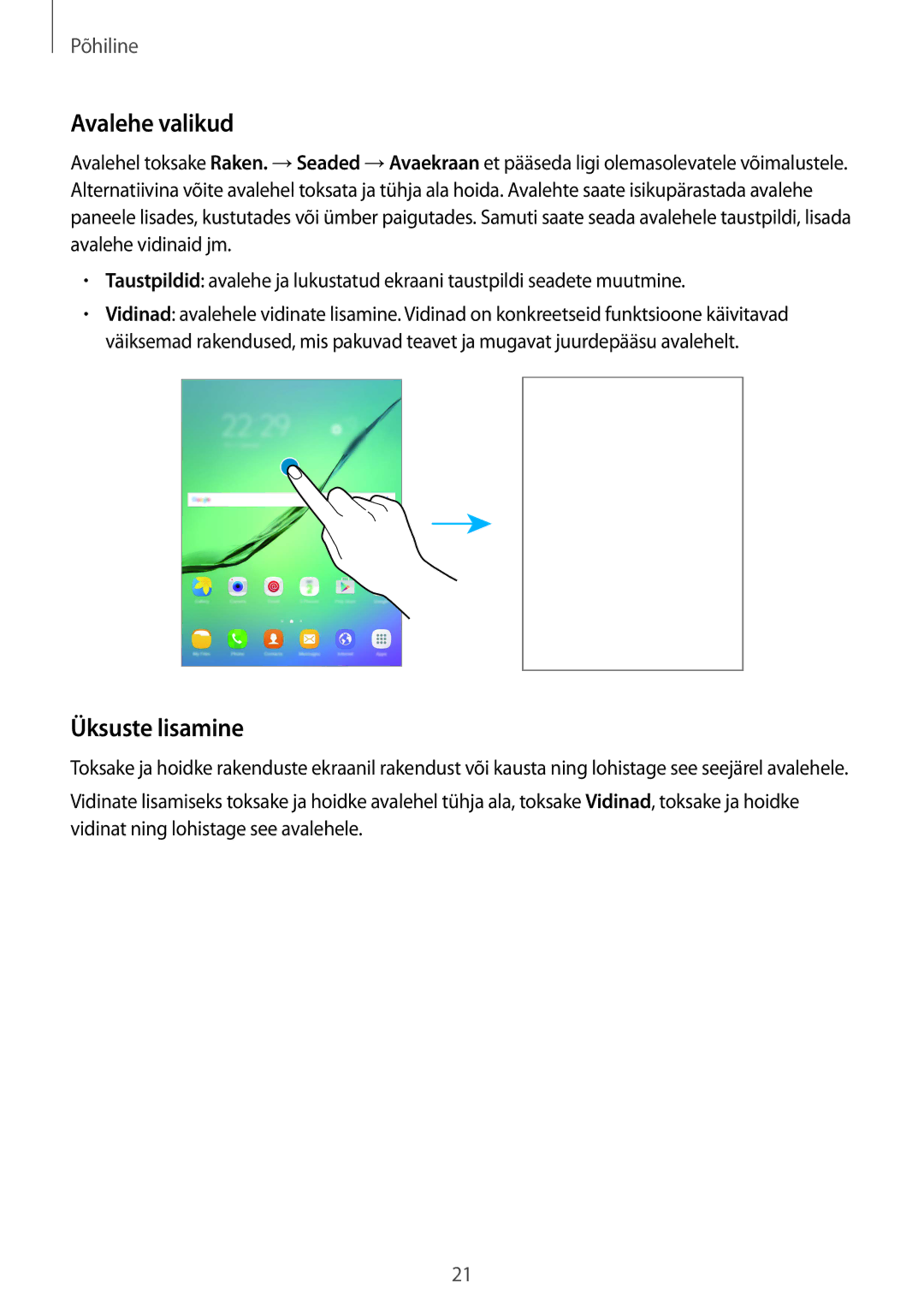 Samsung SM-T815NZDESEB, SM-T815NZKESEB, SM-T815NZWESEB manual Avalehe valikud, Üksuste lisamine 