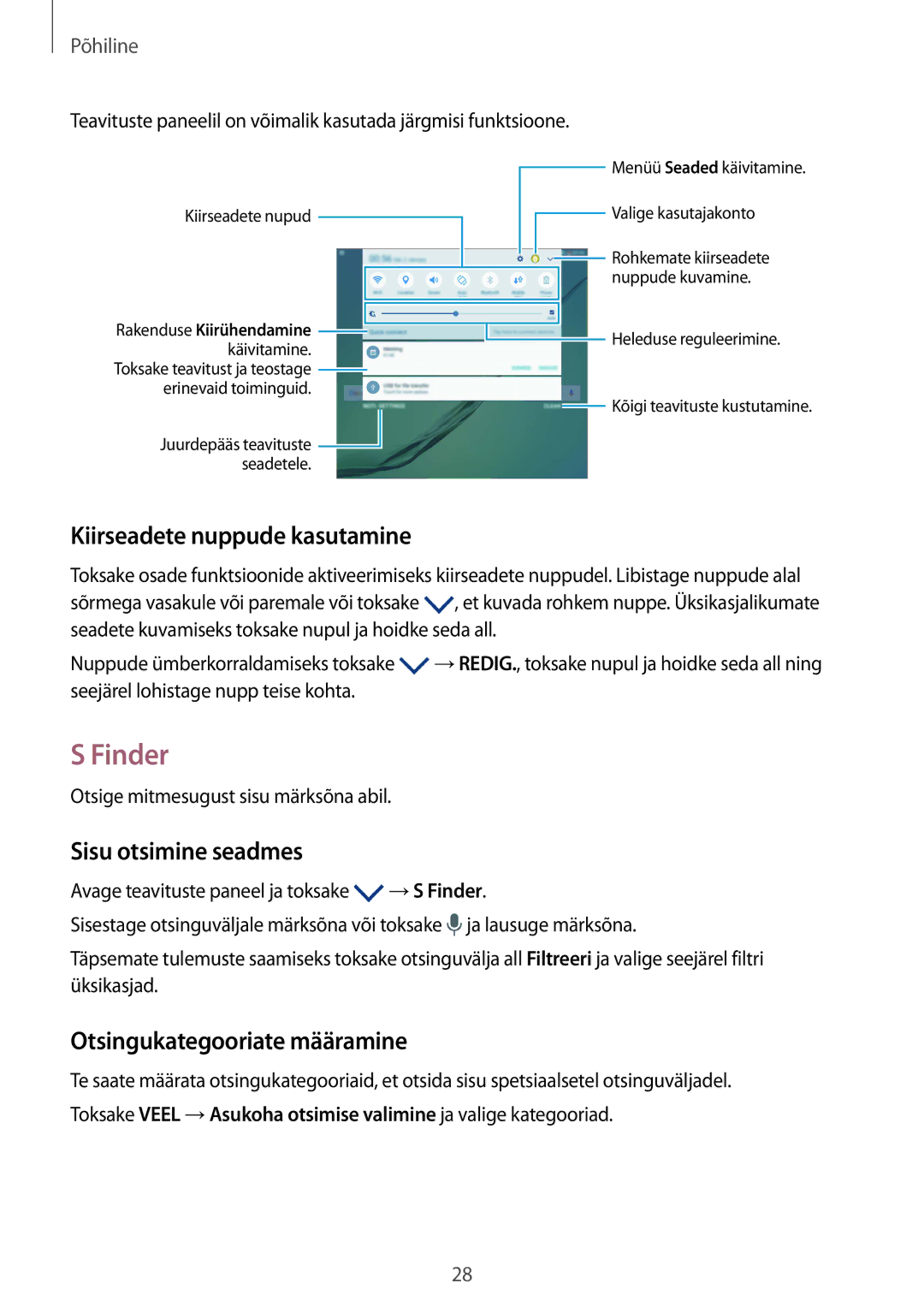 Samsung SM-T815NZKESEB manual Finder, Kiirseadete nuppude kasutamine, Sisu otsimine seadmes, Otsingukategooriate määramine 