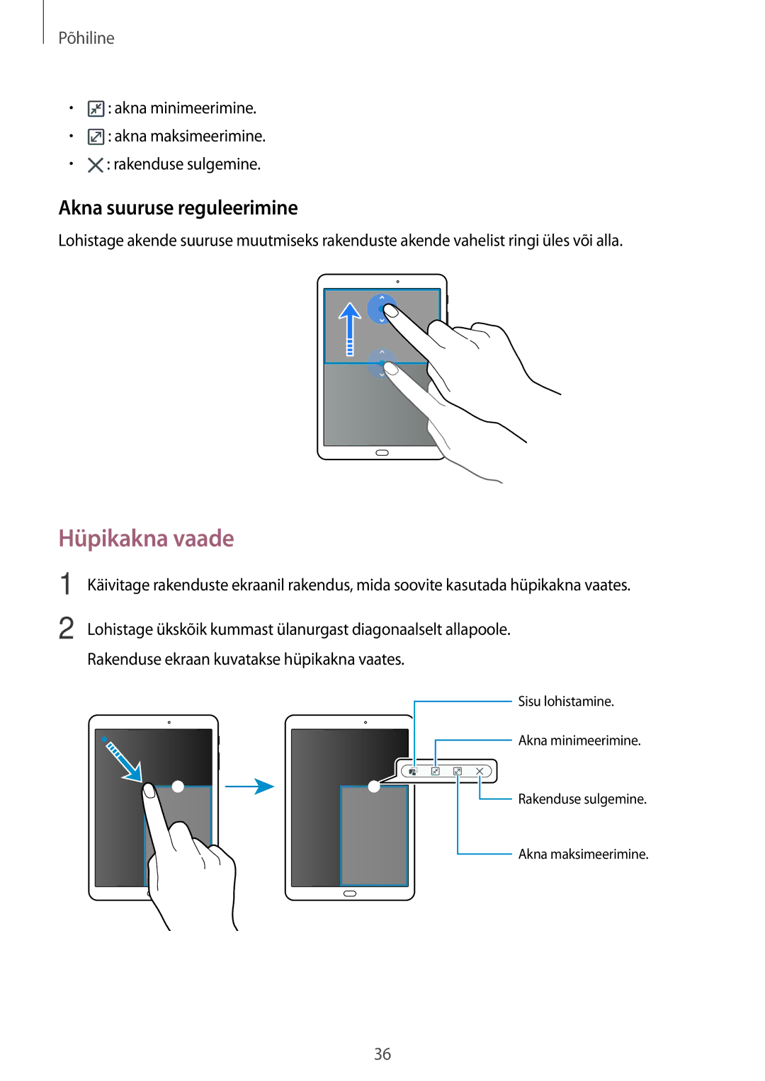 Samsung SM-T815NZDESEB, SM-T815NZKESEB, SM-T815NZWESEB manual Hüpikakna vaade, Akna suuruse reguleerimine 