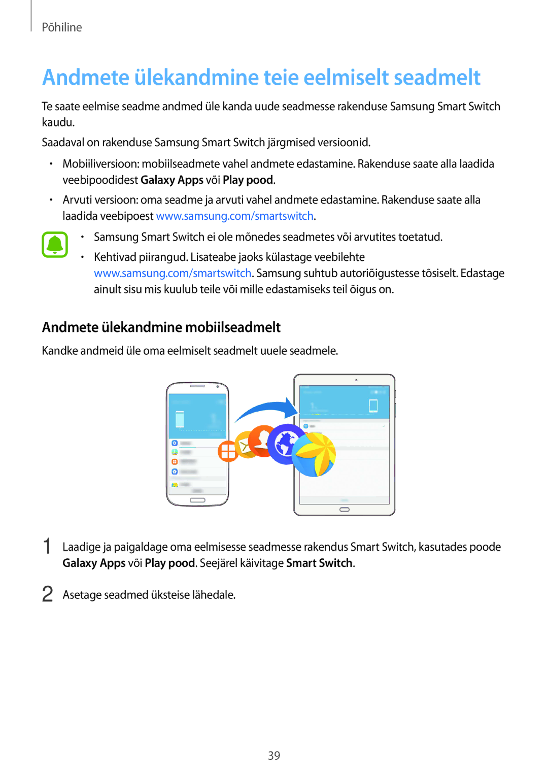 Samsung SM-T815NZDESEB Andmete ülekandmine mobiilseadmelt, Galaxy Apps või Play pood. Seejärel käivitage Smart Switch 