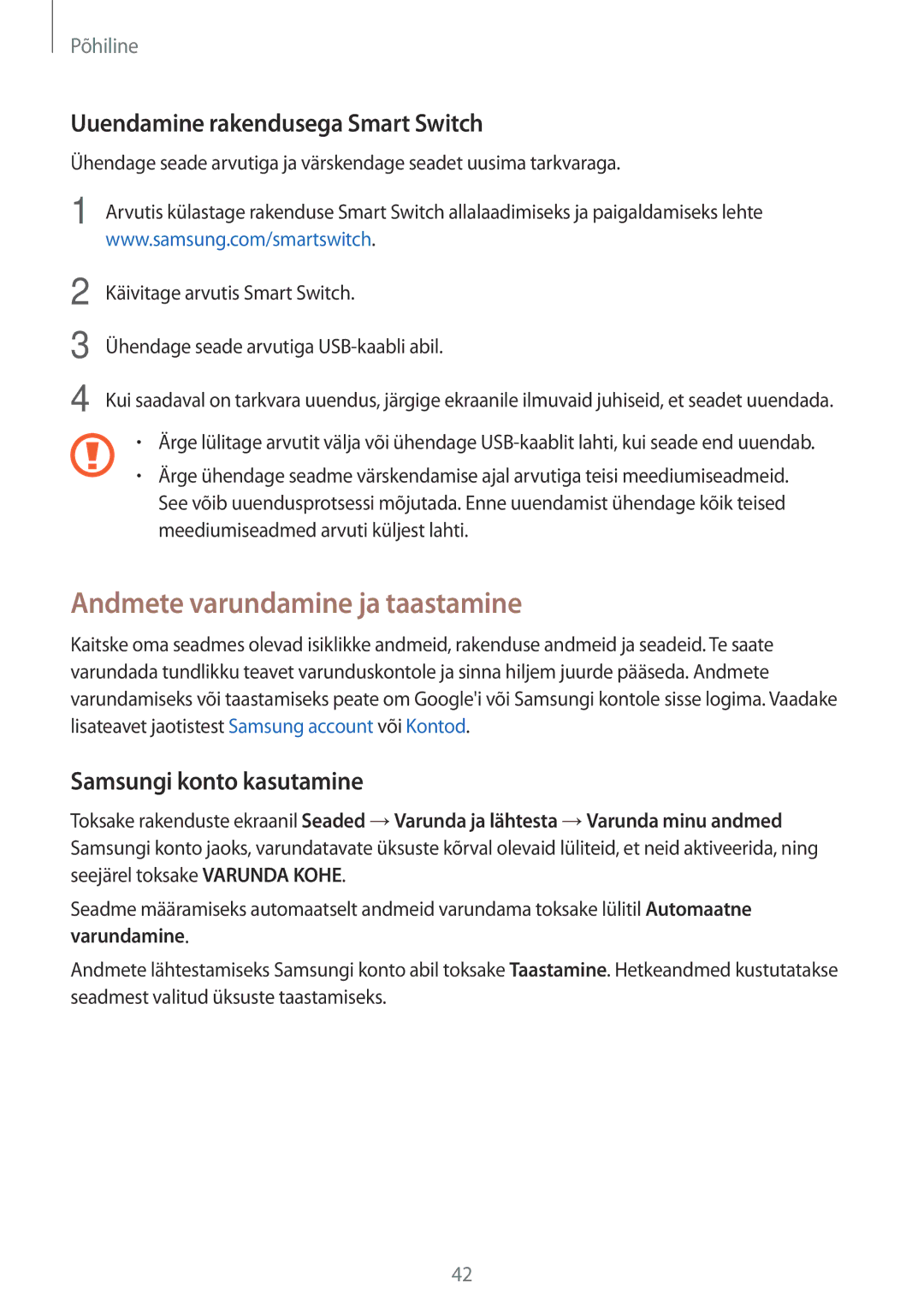 Samsung SM-T815NZDESEB Andmete varundamine ja taastamine, Uuendamine rakendusega Smart Switch, Samsungi konto kasutamine 