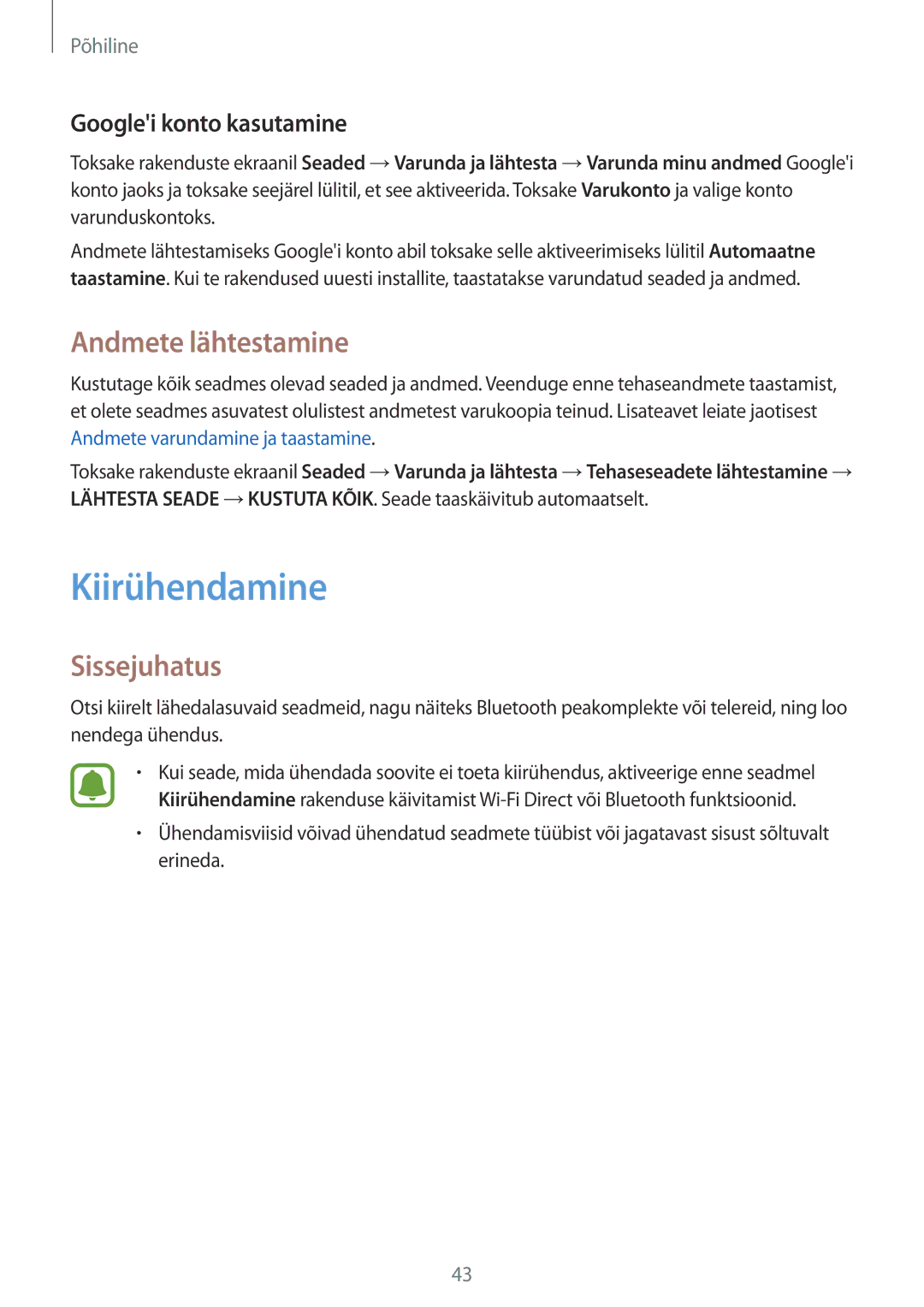 Samsung SM-T815NZKESEB, SM-T815NZDESEB, SM-T815NZWESEB manual Kiirühendamine, Andmete lähtestamine, Googlei konto kasutamine 