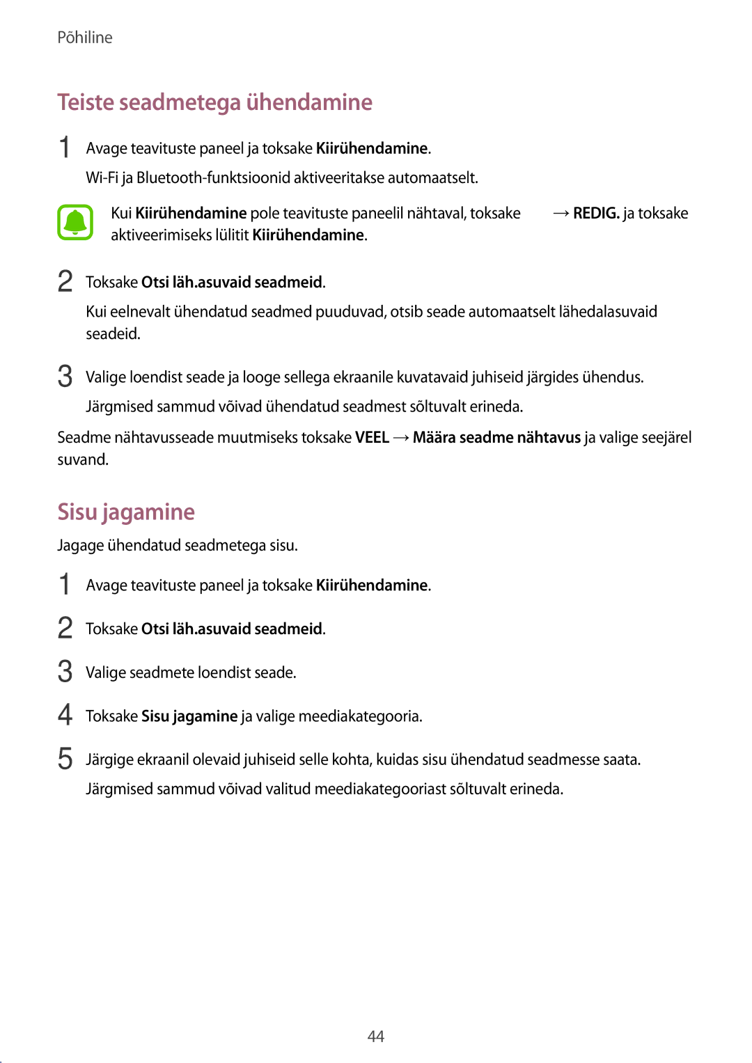 Samsung SM-T815NZWESEB, SM-T815NZDESEB manual Teiste seadmetega ühendamine, Sisu jagamine, Toksake Otsi läh.asuvaid seadmeid 