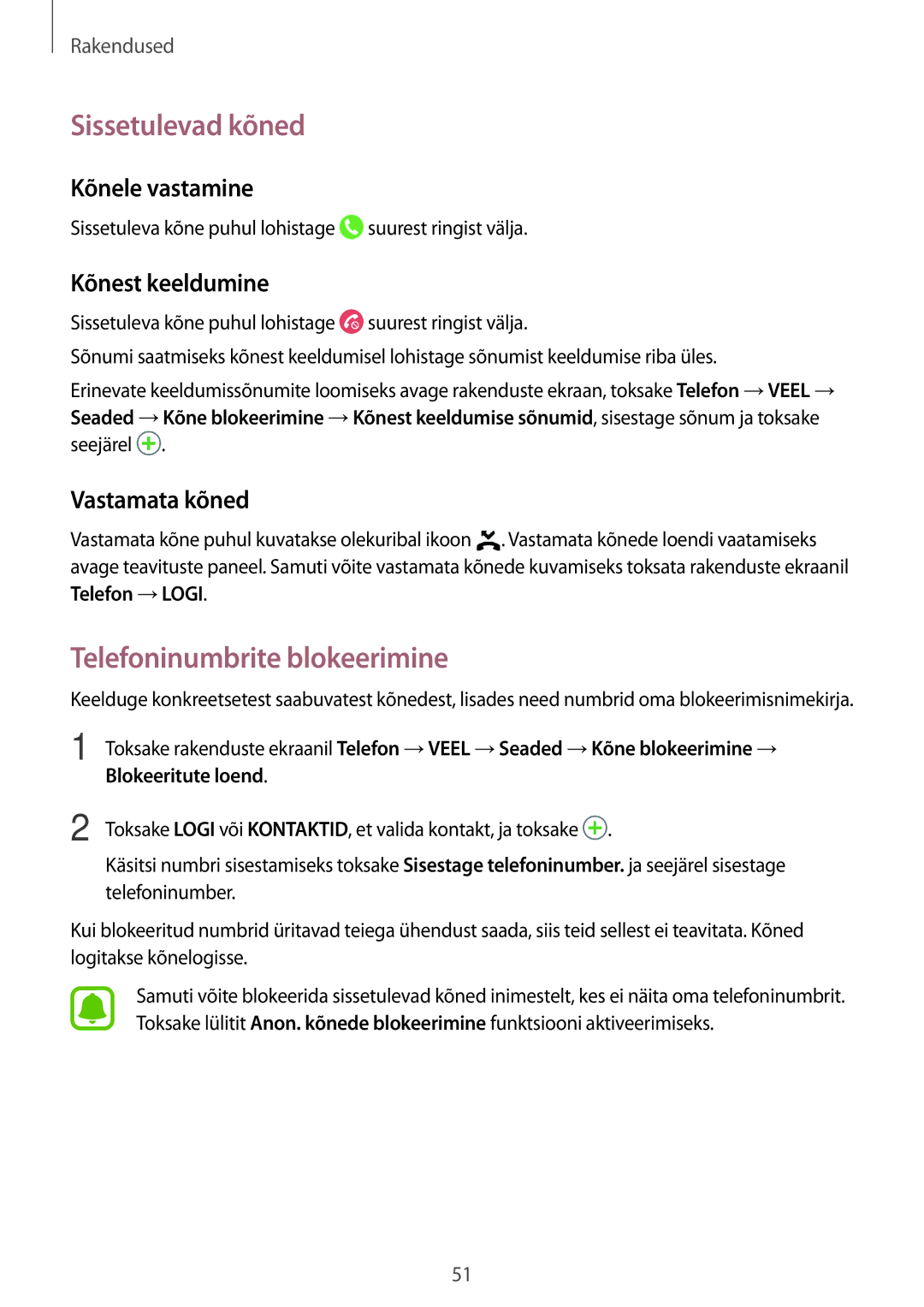 Samsung SM-T815NZDESEB manual Sissetulevad kõned, Telefoninumbrite blokeerimine, Kõnele vastamine, Kõnest keeldumine 