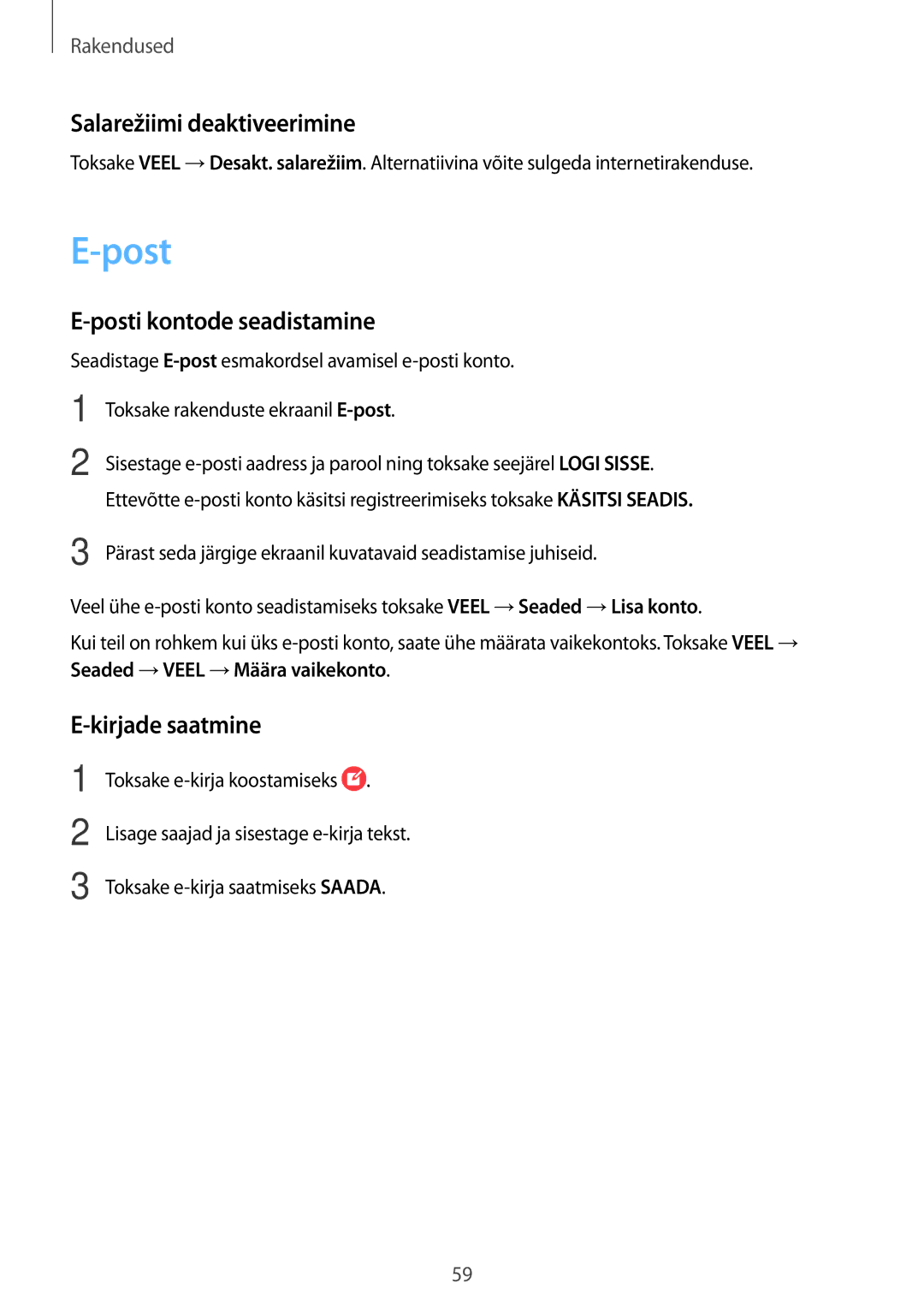 Samsung SM-T815NZWESEB, SM-T815NZDESEB manual Salarežiimi deaktiveerimine, Posti kontode seadistamine, Kirjade saatmine 