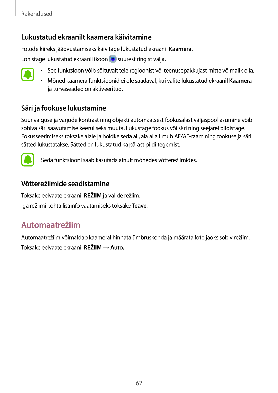 Samsung SM-T815NZWESEB manual Automaatrežiim, Lukustatud ekraanilt kaamera käivitamine, Säri ja fookuse lukustamine 