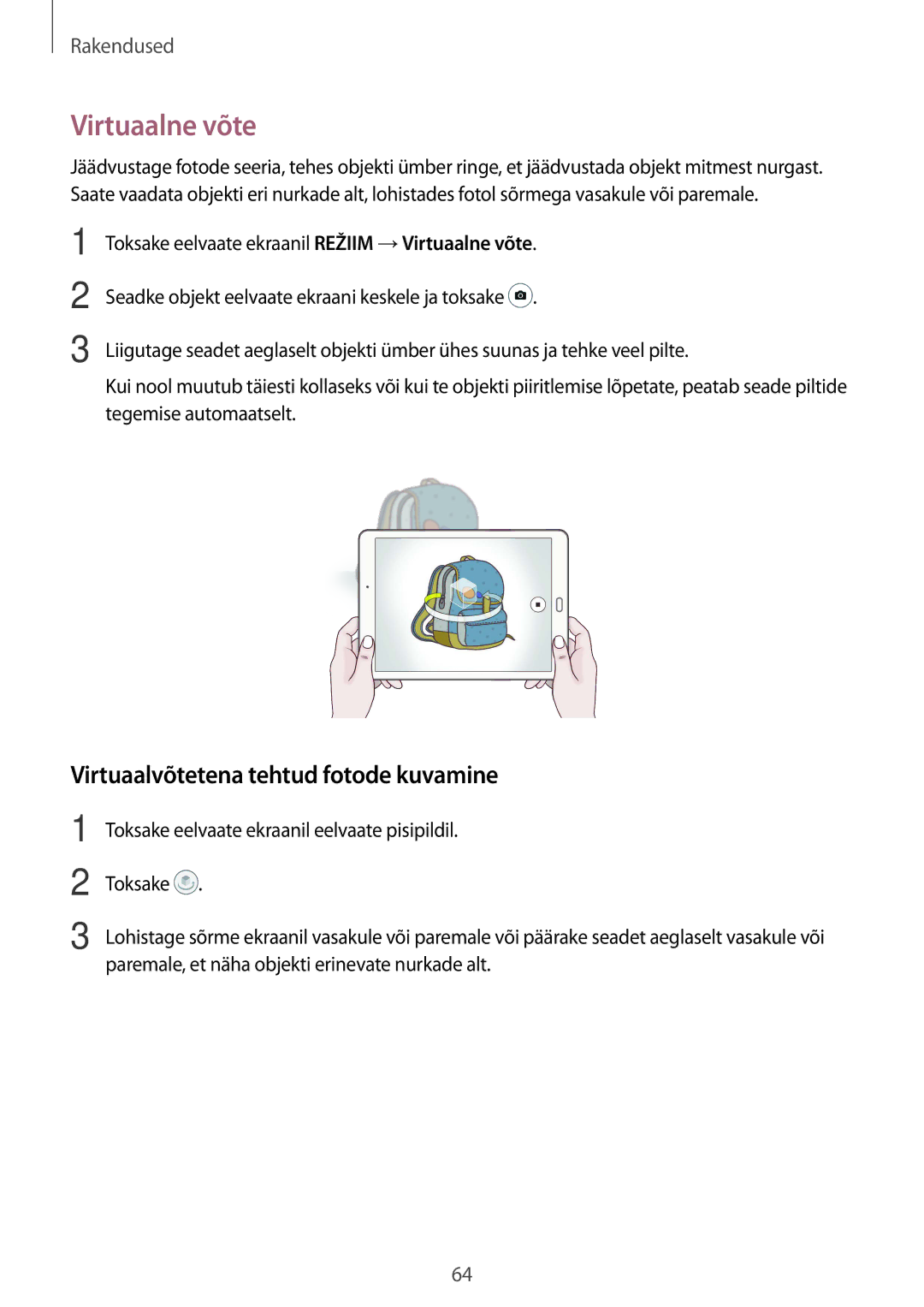 Samsung SM-T815NZKESEB, SM-T815NZDESEB, SM-T815NZWESEB manual Virtuaalne võte, Virtuaalvõtetena tehtud fotode kuvamine 