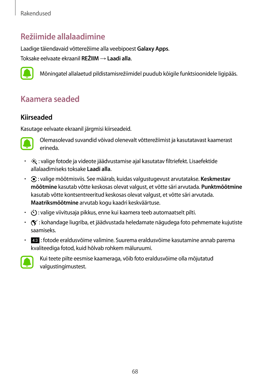 Samsung SM-T815NZWESEB, SM-T815NZDESEB, SM-T815NZKESEB manual Režiimide allalaadimine, Kaamera seaded, Kiirseaded 