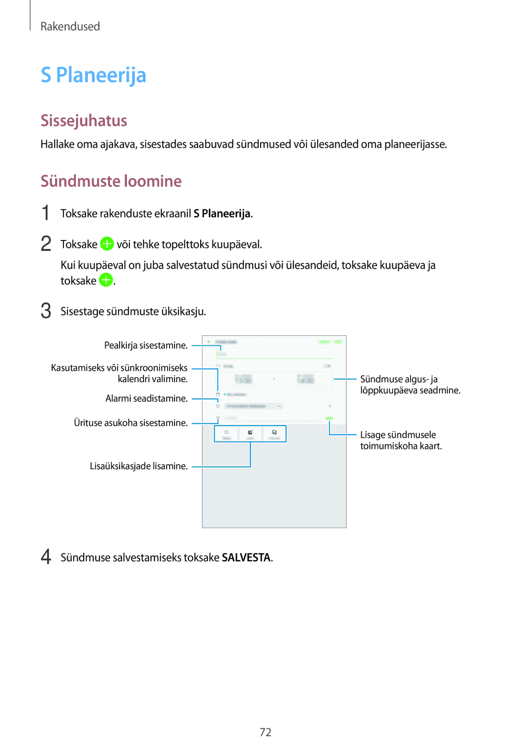 Samsung SM-T815NZDESEB, SM-T815NZKESEB, SM-T815NZWESEB manual Planeerija, Sündmuste loomine 