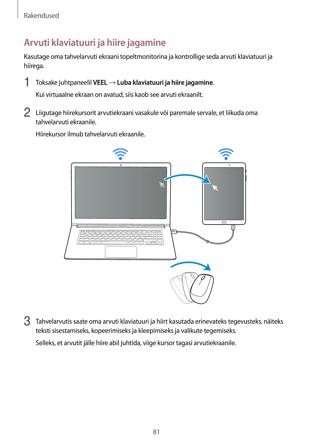 Samsung SM-T815NZDESEB, SM-T815NZKESEB, SM-T815NZWESEB manual Arvuti klaviatuuri ja hiire jagamine 