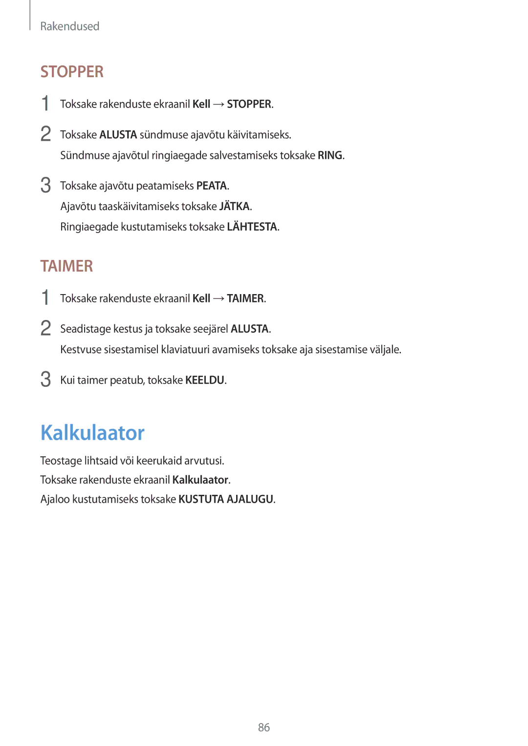 Samsung SM-T815NZWESEB, SM-T815NZDESEB, SM-T815NZKESEB manual Kalkulaator, Stopper 