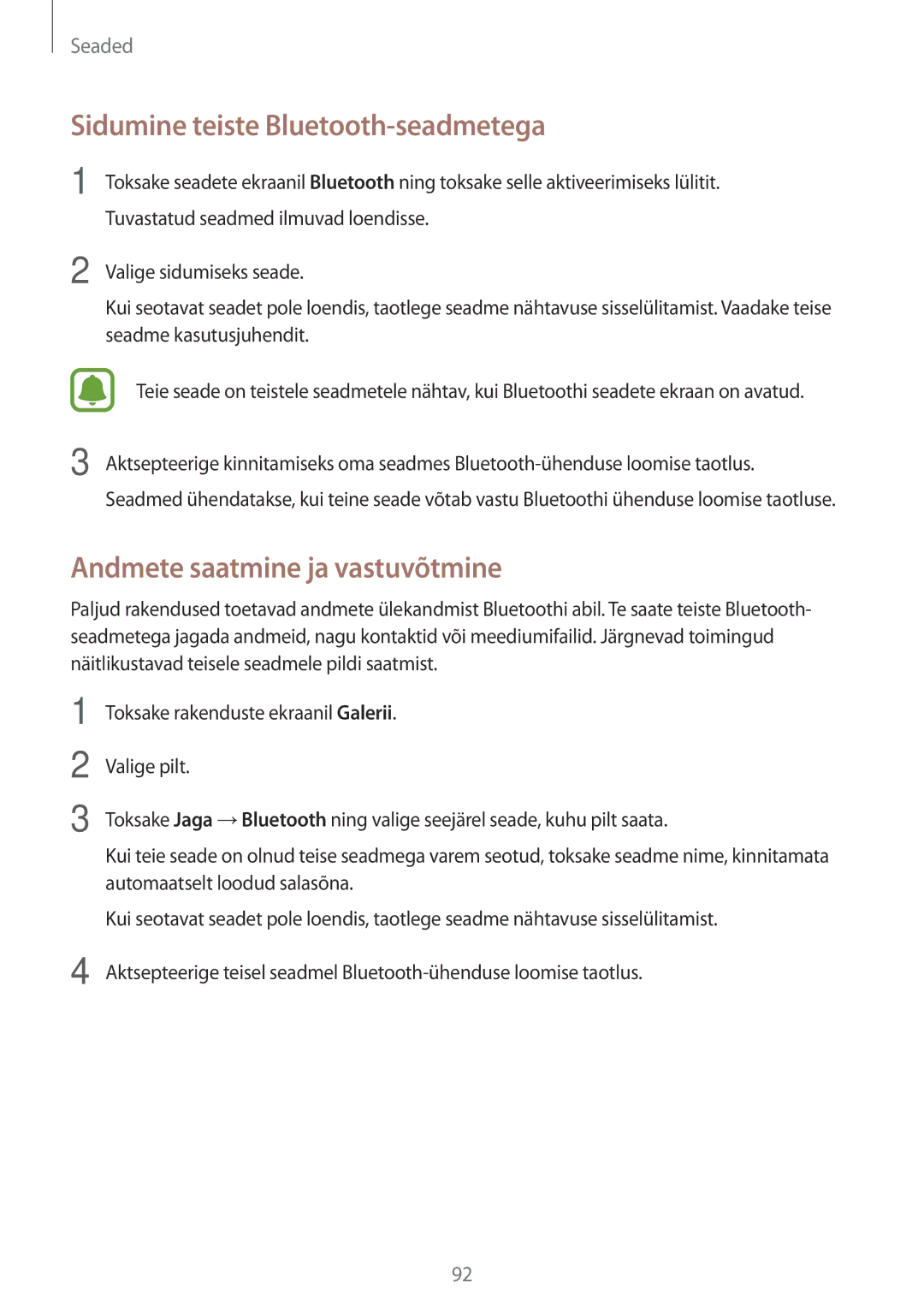 Samsung SM-T815NZWESEB, SM-T815NZDESEB manual Sidumine teiste Bluetooth-seadmetega, Andmete saatmine ja vastuvõtmine 