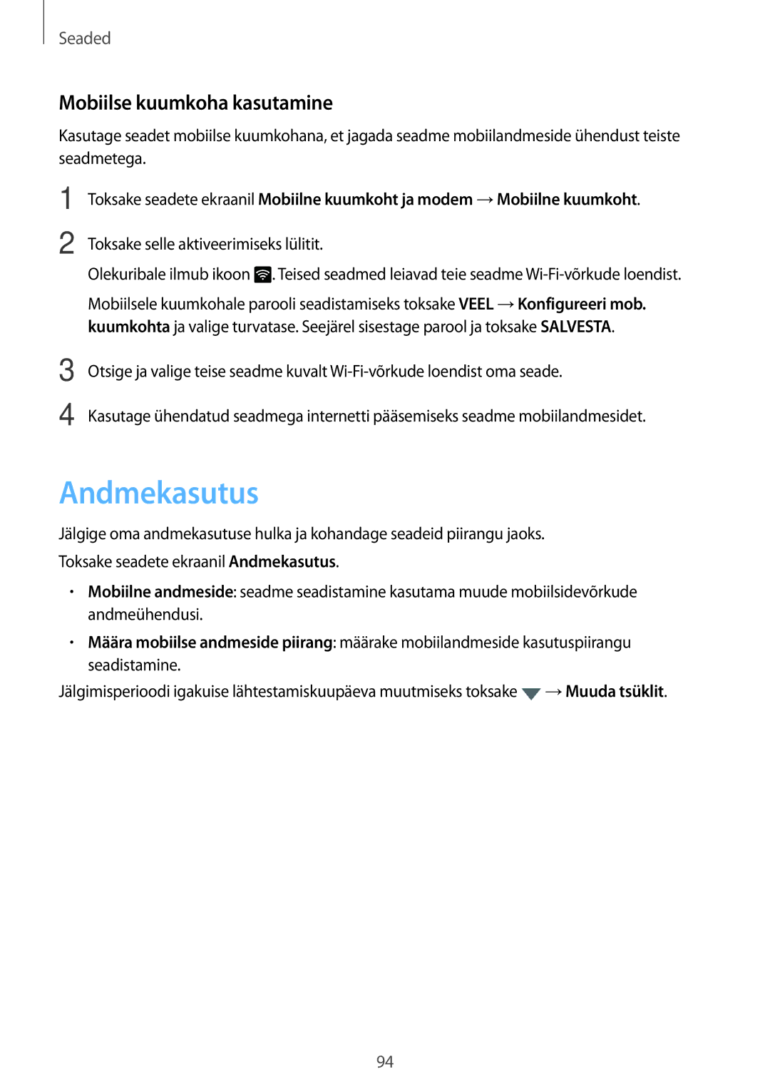 Samsung SM-T815NZKESEB, SM-T815NZDESEB, SM-T815NZWESEB manual Andmekasutus, Mobiilse kuumkoha kasutamine 