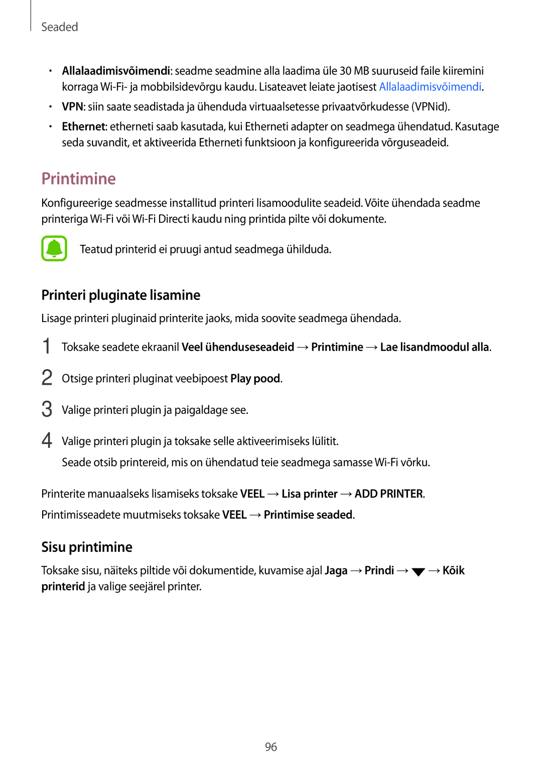 Samsung SM-T815NZDESEB, SM-T815NZKESEB, SM-T815NZWESEB manual Printimine, Printeri pluginate lisamine, Sisu printimine 