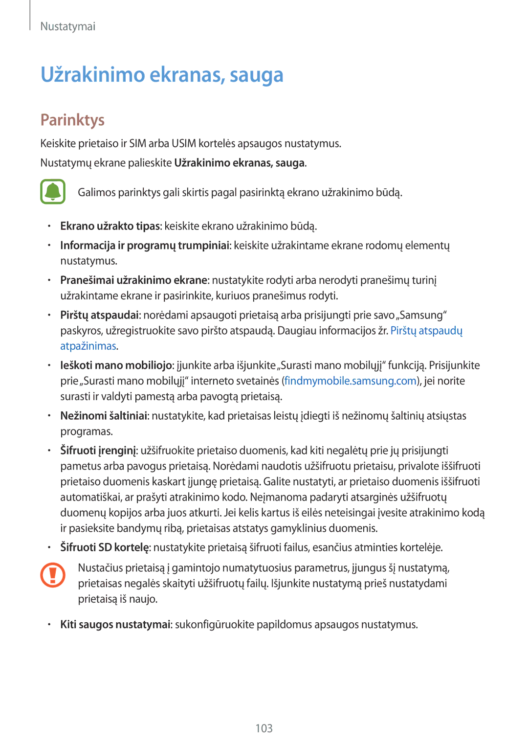 Samsung SM-T815NZKESEB, SM-T815NZDESEB, SM-T815NZWESEB manual Užrakinimo ekranas, sauga, Parinktys 