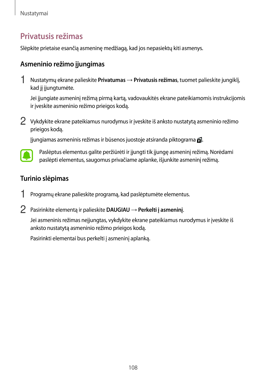 Samsung SM-T815NZDESEB, SM-T815NZKESEB, SM-T815NZWESEB Privatusis režimas, Asmeninio režimo įjungimas, Turinio slėpimas 