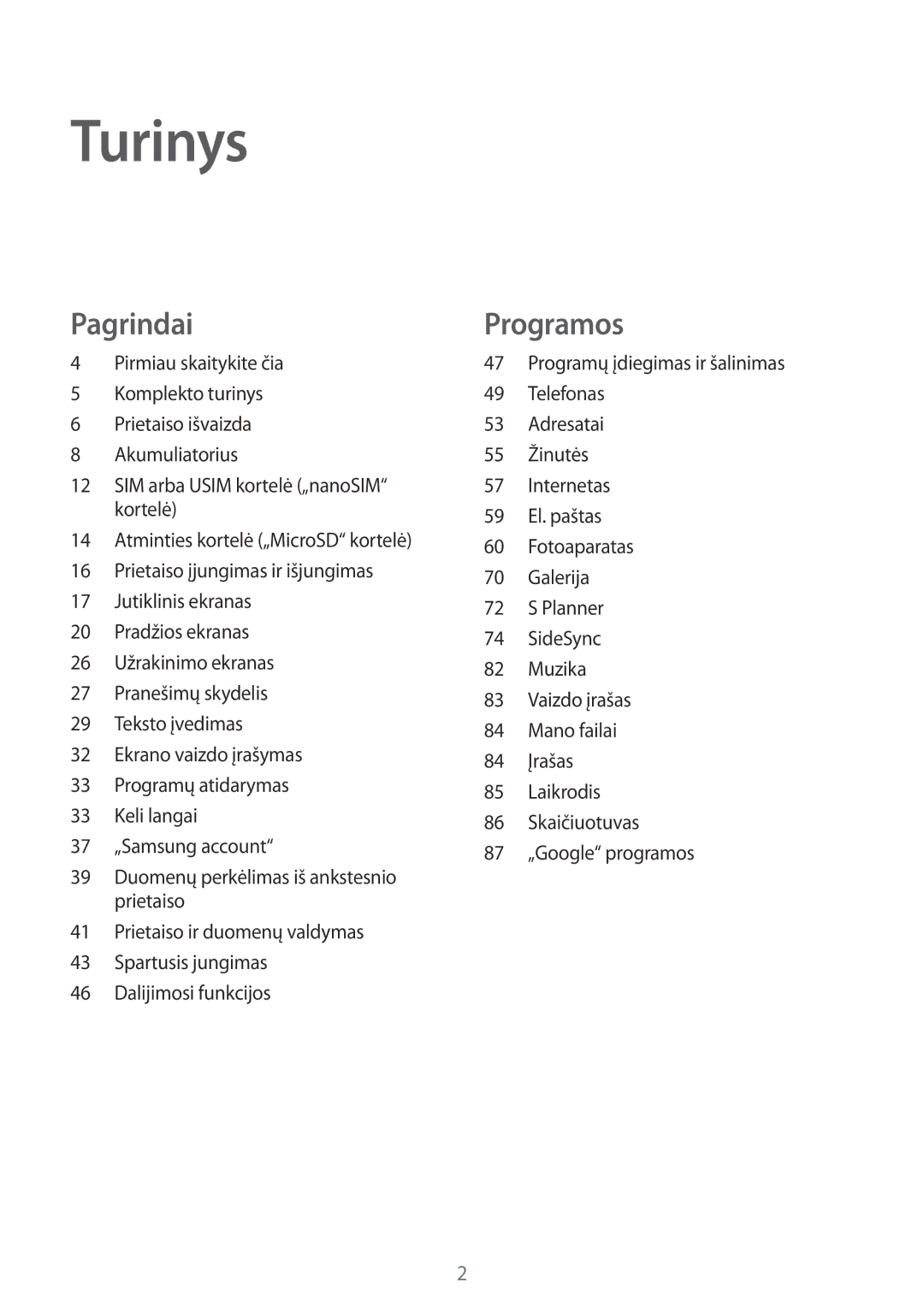 Samsung SM-T815NZWESEB, SM-T815NZDESEB, SM-T815NZKESEB manual Turinys 