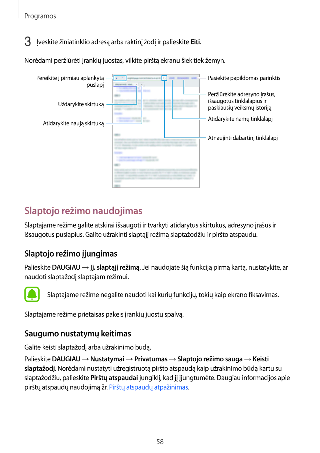 Samsung SM-T815NZKESEB, SM-T815NZDESEB Slaptojo režimo naudojimas, Slaptojo režimo įjungimas, Saugumo nustatymų keitimas 