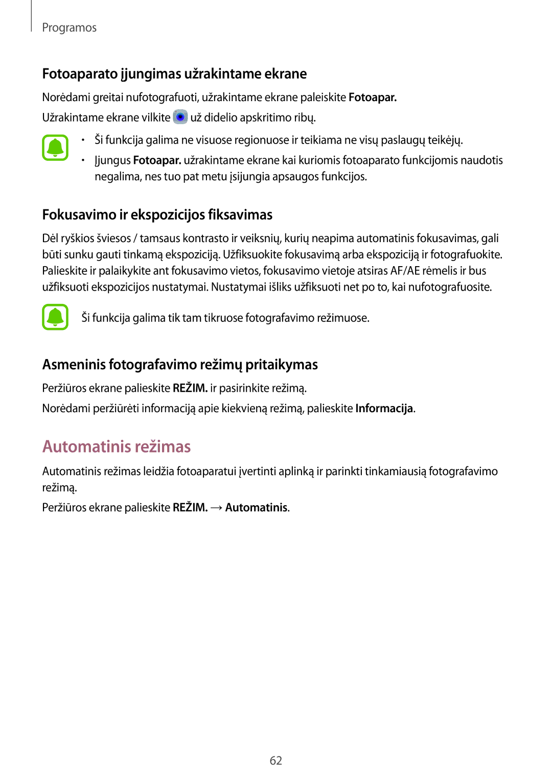 Samsung SM-T815NZWESEB, SM-T815NZDESEB, SM-T815NZKESEB manual Automatinis režimas, Fotoaparato įjungimas užrakintame ekrane 