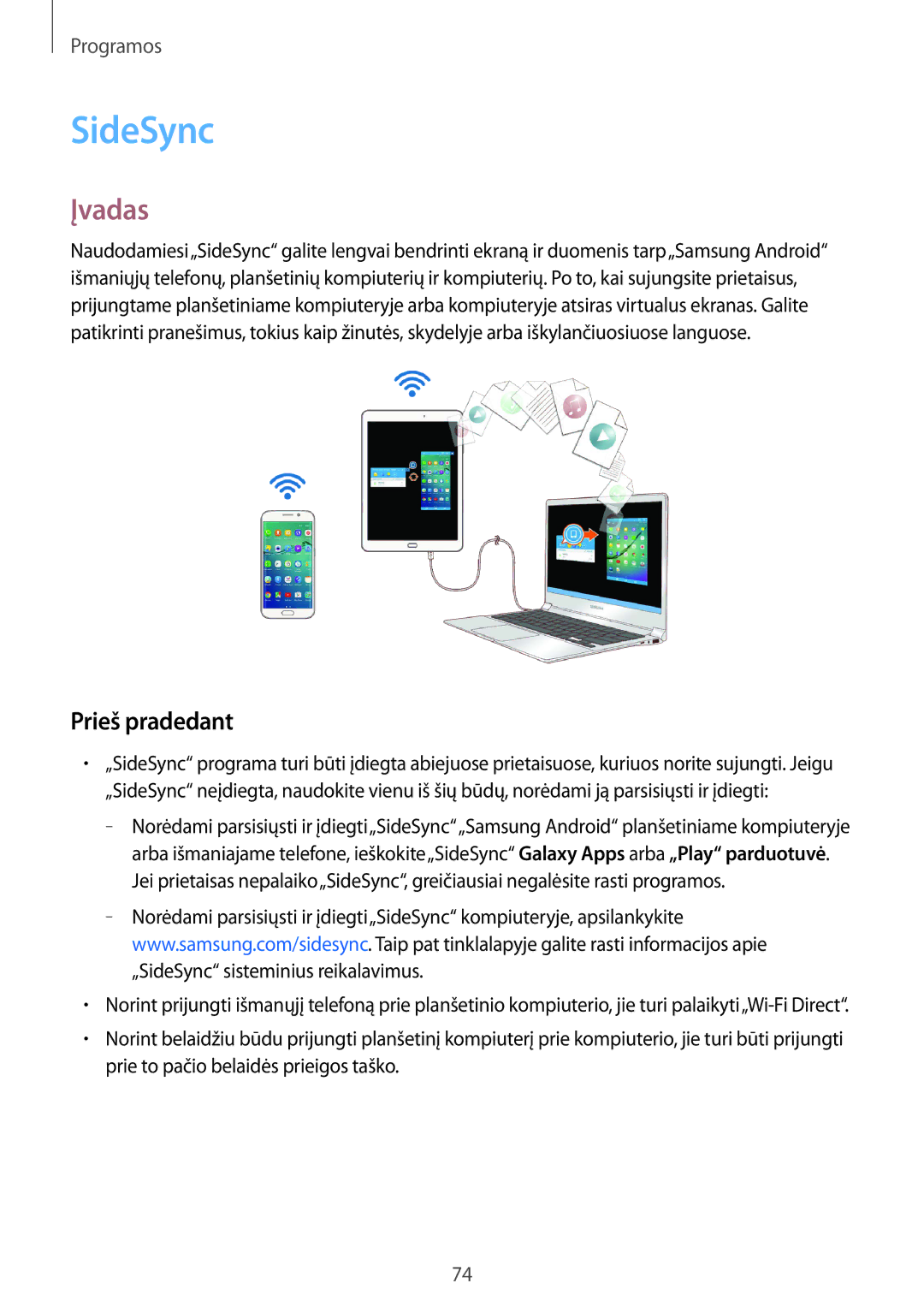 Samsung SM-T815NZWESEB, SM-T815NZDESEB, SM-T815NZKESEB manual SideSync, Prieš pradedant 