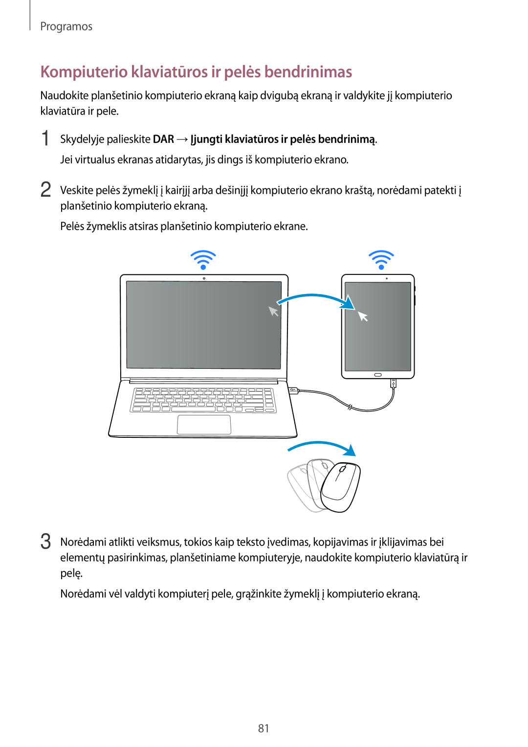 Samsung SM-T815NZDESEB, SM-T815NZKESEB, SM-T815NZWESEB manual Kompiuterio klaviatūros ir pelės bendrinimas 