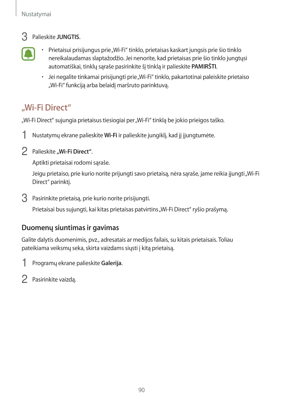 Samsung SM-T815NZDESEB, SM-T815NZKESEB, SM-T815NZWESEB manual „Wi-Fi Direct, Duomenų siuntimas ir gavimas, Palieskite Jungtis 