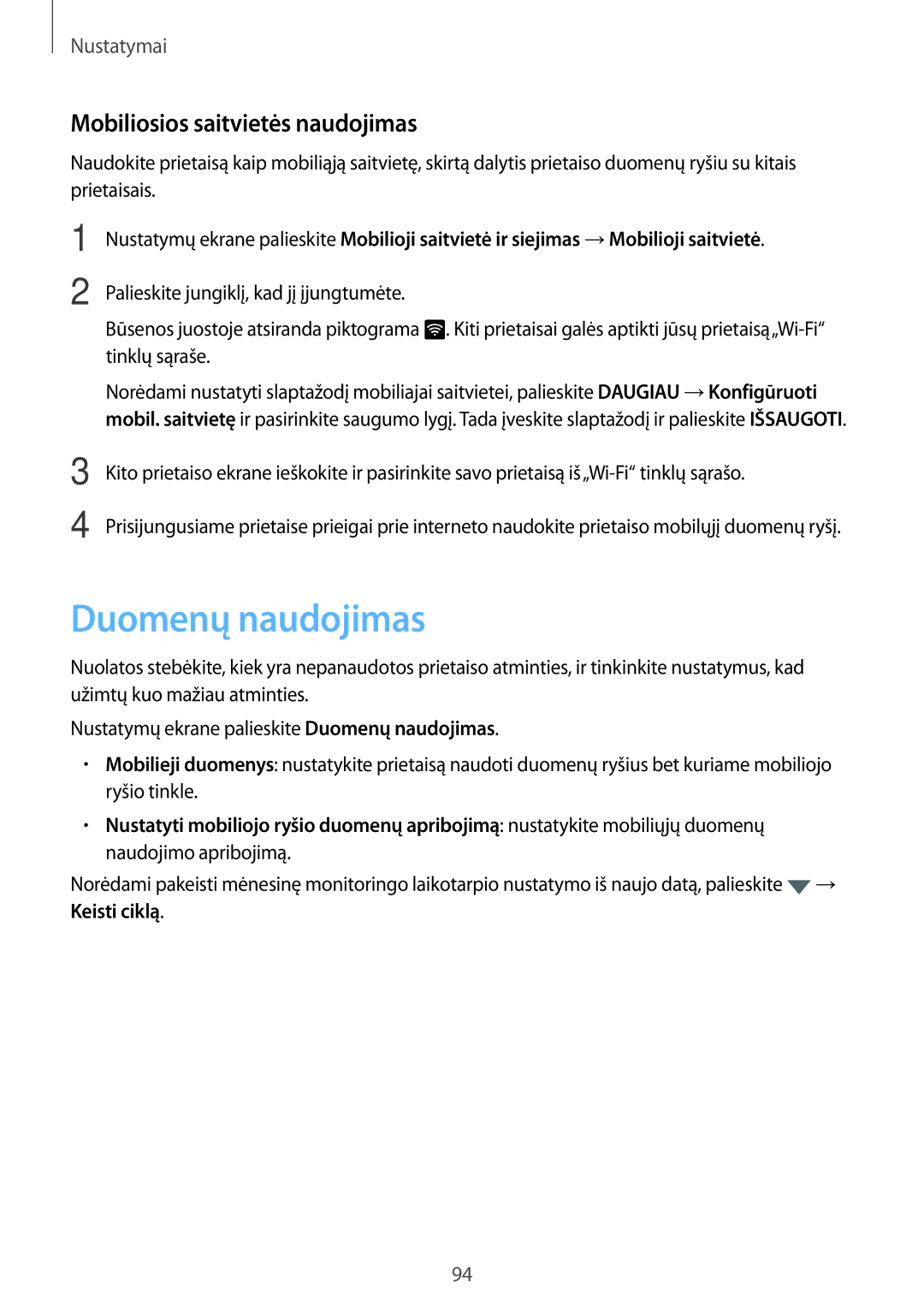 Samsung SM-T815NZKESEB, SM-T815NZDESEB, SM-T815NZWESEB manual Duomenų naudojimas, Mobiliosios saitvietės naudojimas 