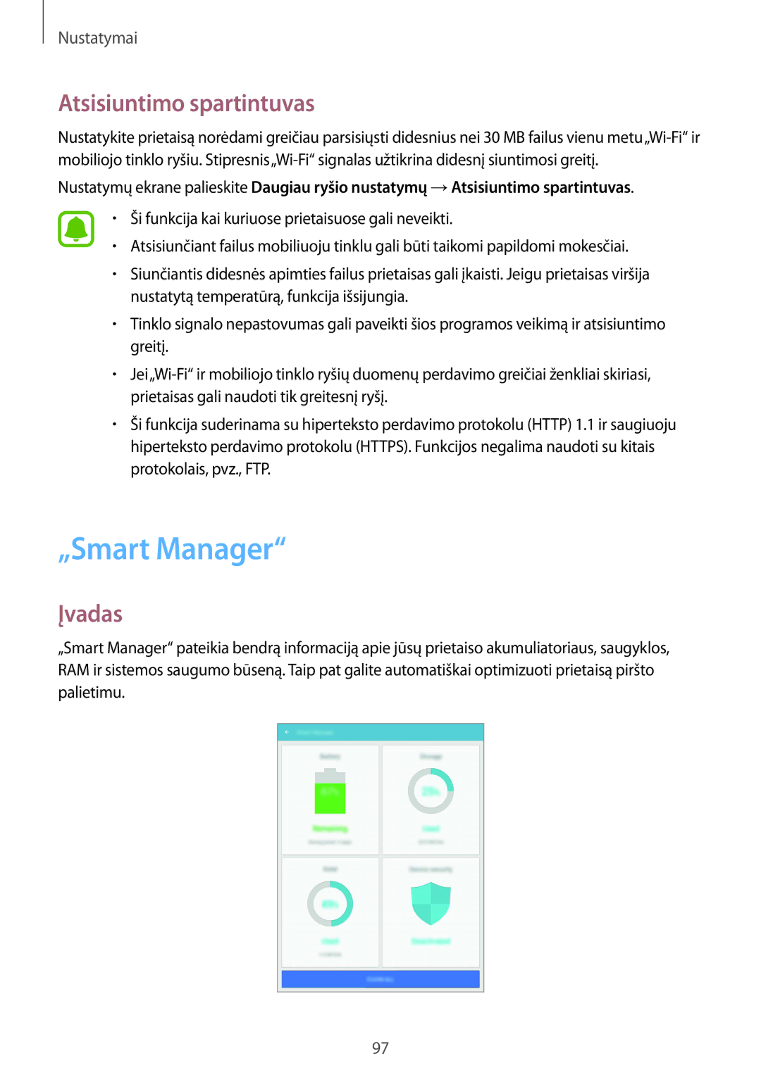 Samsung SM-T815NZKESEB, SM-T815NZDESEB, SM-T815NZWESEB manual „Smart Manager, Atsisiuntimo spartintuvas 