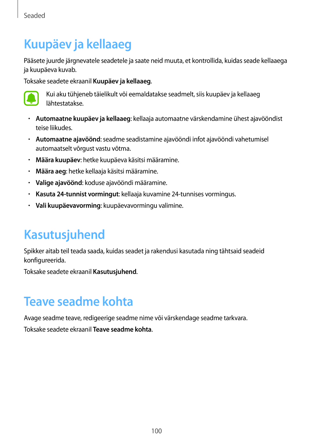 Samsung SM-T815NZKESEB, SM-T815NZDESEB, SM-T815NZWESEB manual Kuupäev ja kellaaeg, Kasutusjuhend, Teave seadme kohta 