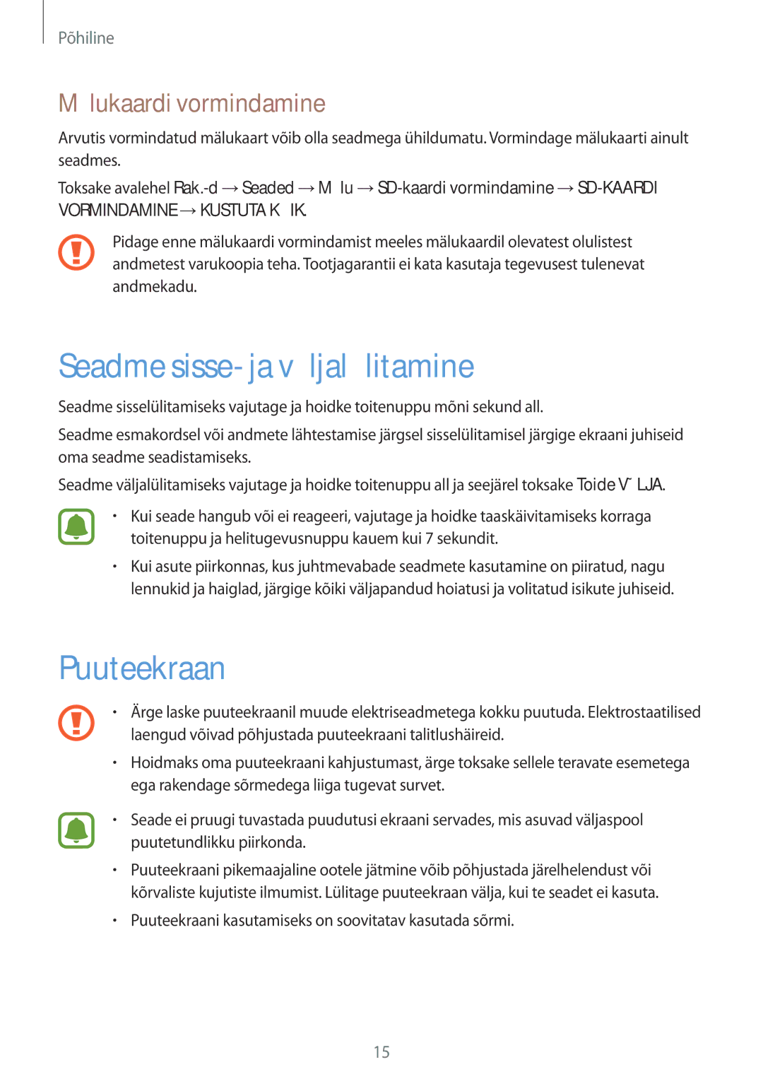 Samsung SM-T815NZDESEB, SM-T815NZKESEB manual Seadme sisse- ja väljalülitamine, Puuteekraan, Mälukaardi vormindamine 