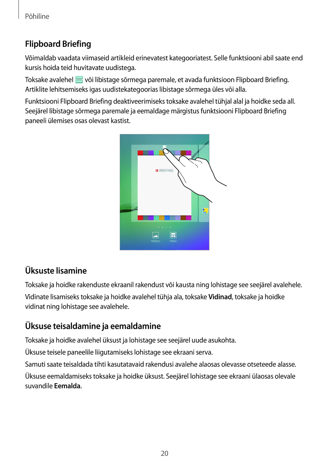 Samsung SM-T815NZWESEB, SM-T815NZDESEB manual Flipboard Briefing, Üksuste lisamine, Üksuse teisaldamine ja eemaldamine 