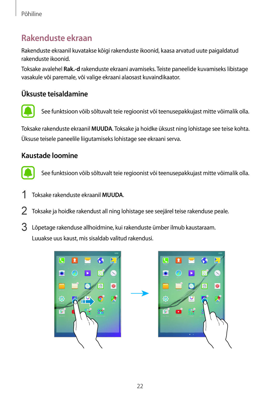 Samsung SM-T815NZKESEB, SM-T815NZDESEB, SM-T815NZWESEB manual Rakenduste ekraan, Üksuste teisaldamine 