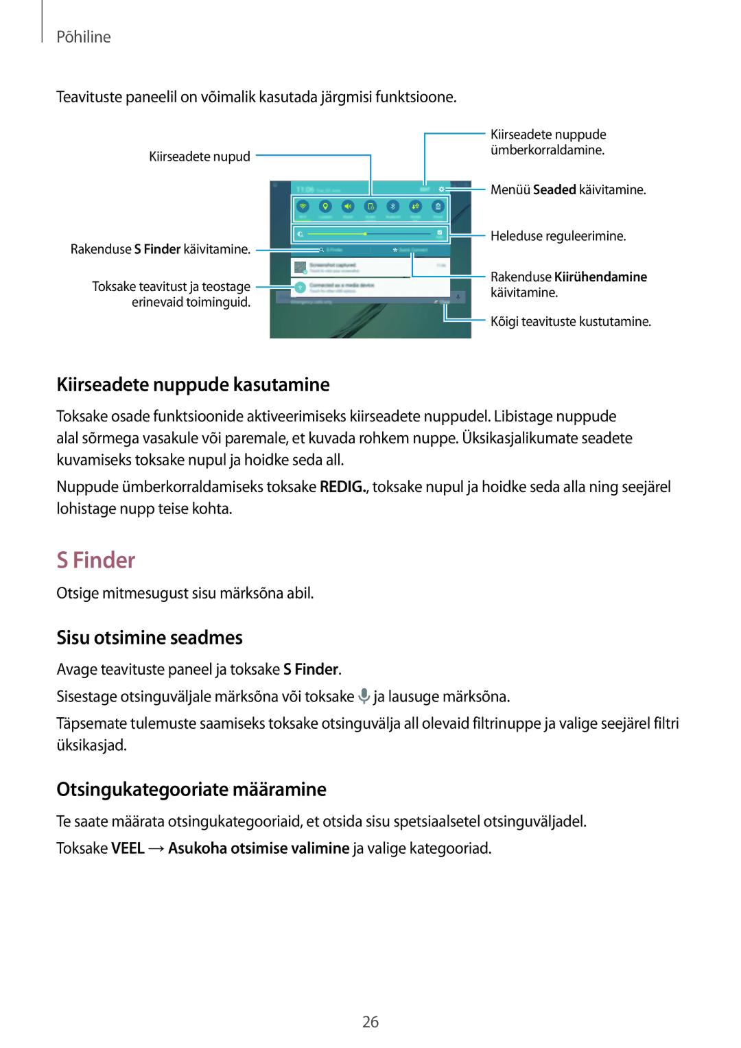 Samsung SM-T815NZWESEB manual Finder, Kiirseadete nuppude kasutamine, Sisu otsimine seadmes, Otsingukategooriate määramine 