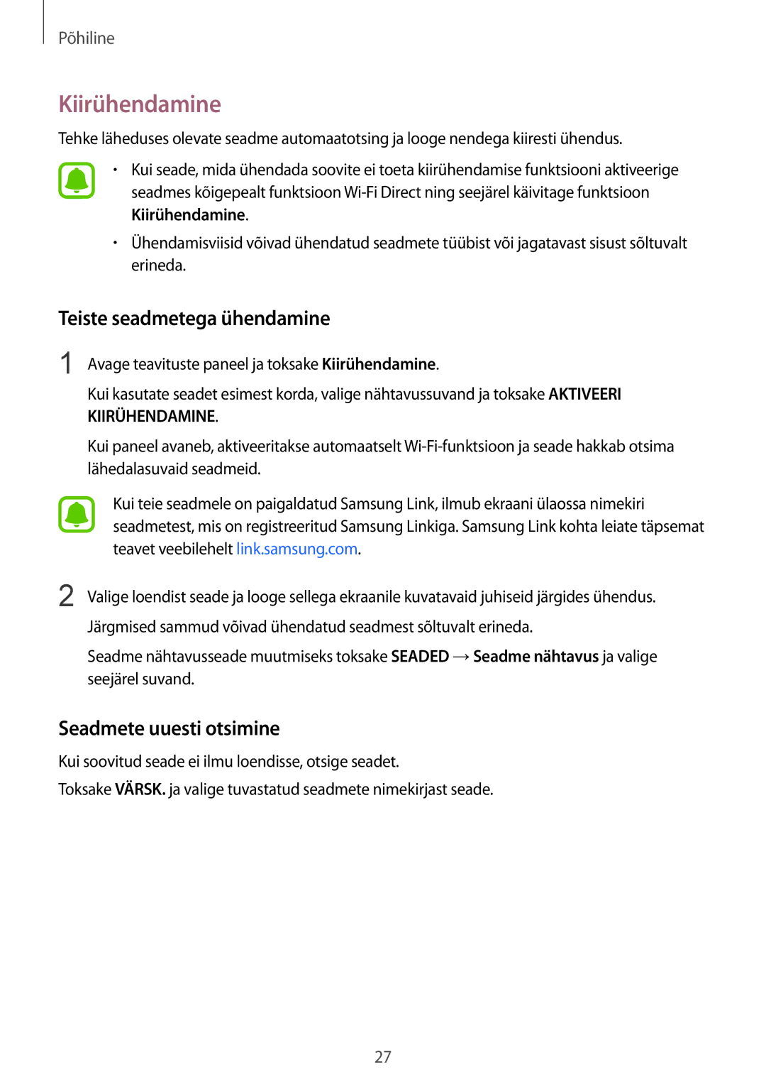 Samsung SM-T815NZDESEB, SM-T815NZKESEB manual Kiirühendamine, Teiste seadmetega ühendamine, Seadmete uuesti otsimine 