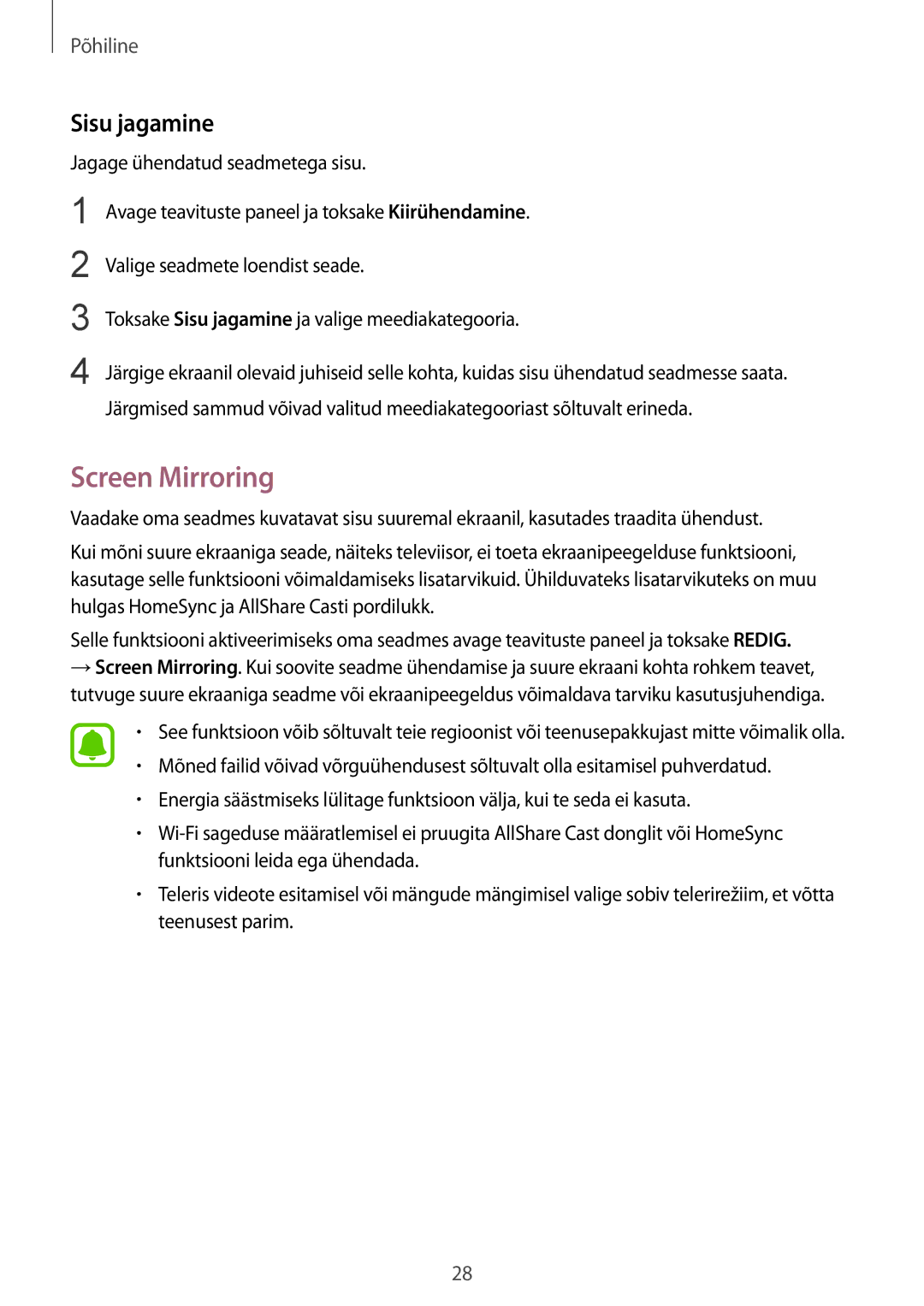 Samsung SM-T815NZKESEB, SM-T815NZDESEB, SM-T815NZWESEB manual Screen Mirroring, Sisu jagamine 