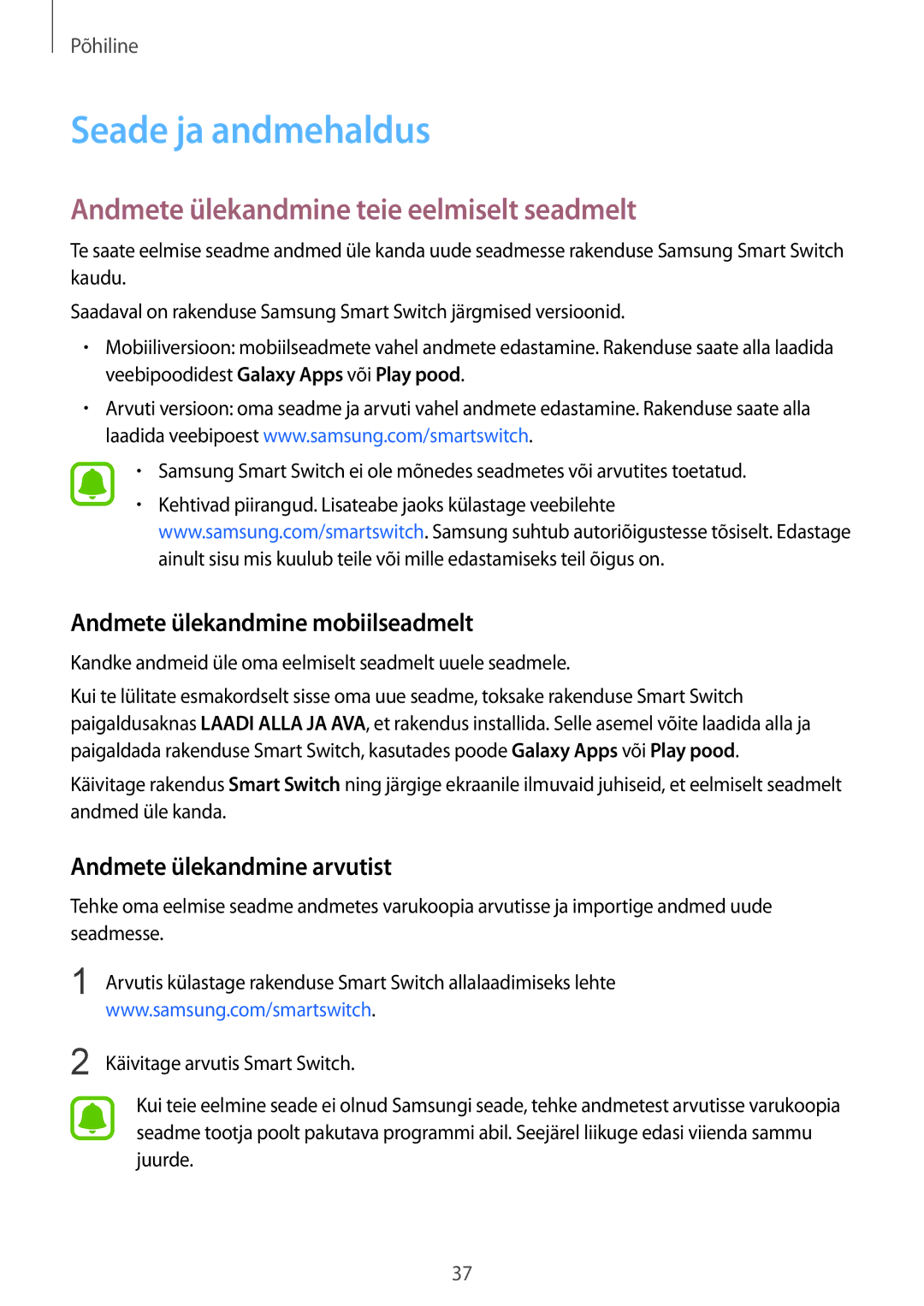 Samsung SM-T815NZKESEB Seade ja andmehaldus, Andmete ülekandmine teie eelmiselt seadmelt, Andmete ülekandmine arvutist 