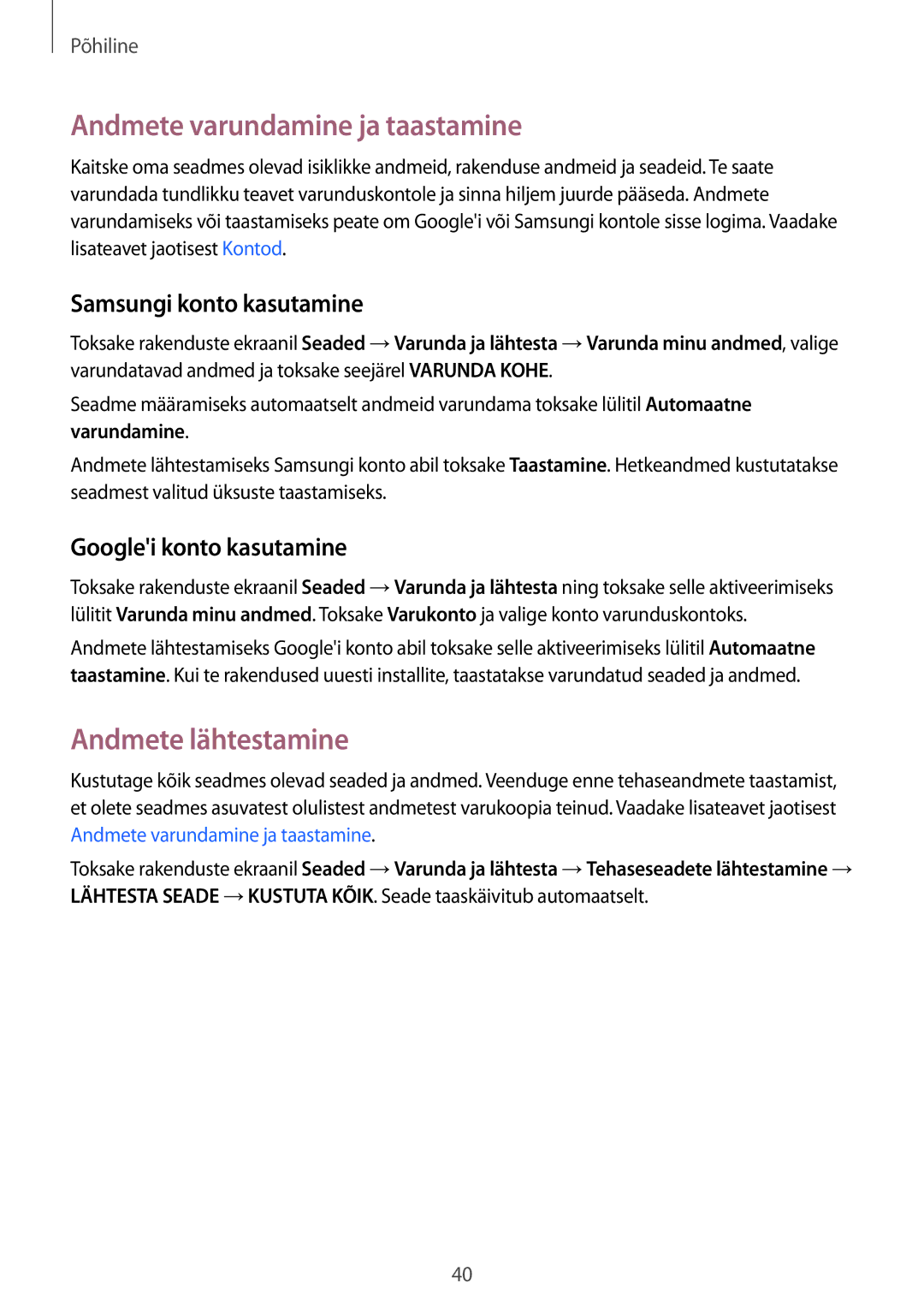 Samsung SM-T815NZKESEB, SM-T815NZDESEB Andmete varundamine ja taastamine, Andmete lähtestamine, Samsungi konto kasutamine 