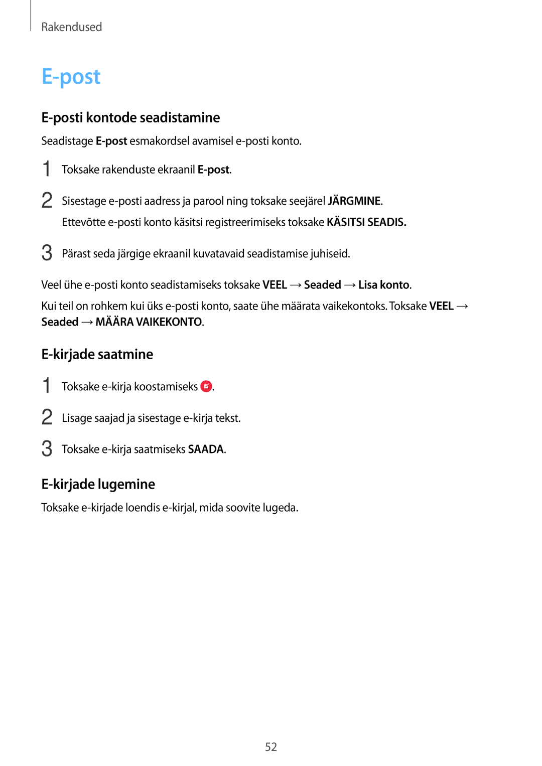 Samsung SM-T815NZKESEB, SM-T815NZDESEB, SM-T815NZWESEB Posti kontode seadistamine, Kirjade saatmine, Kirjade lugemine 