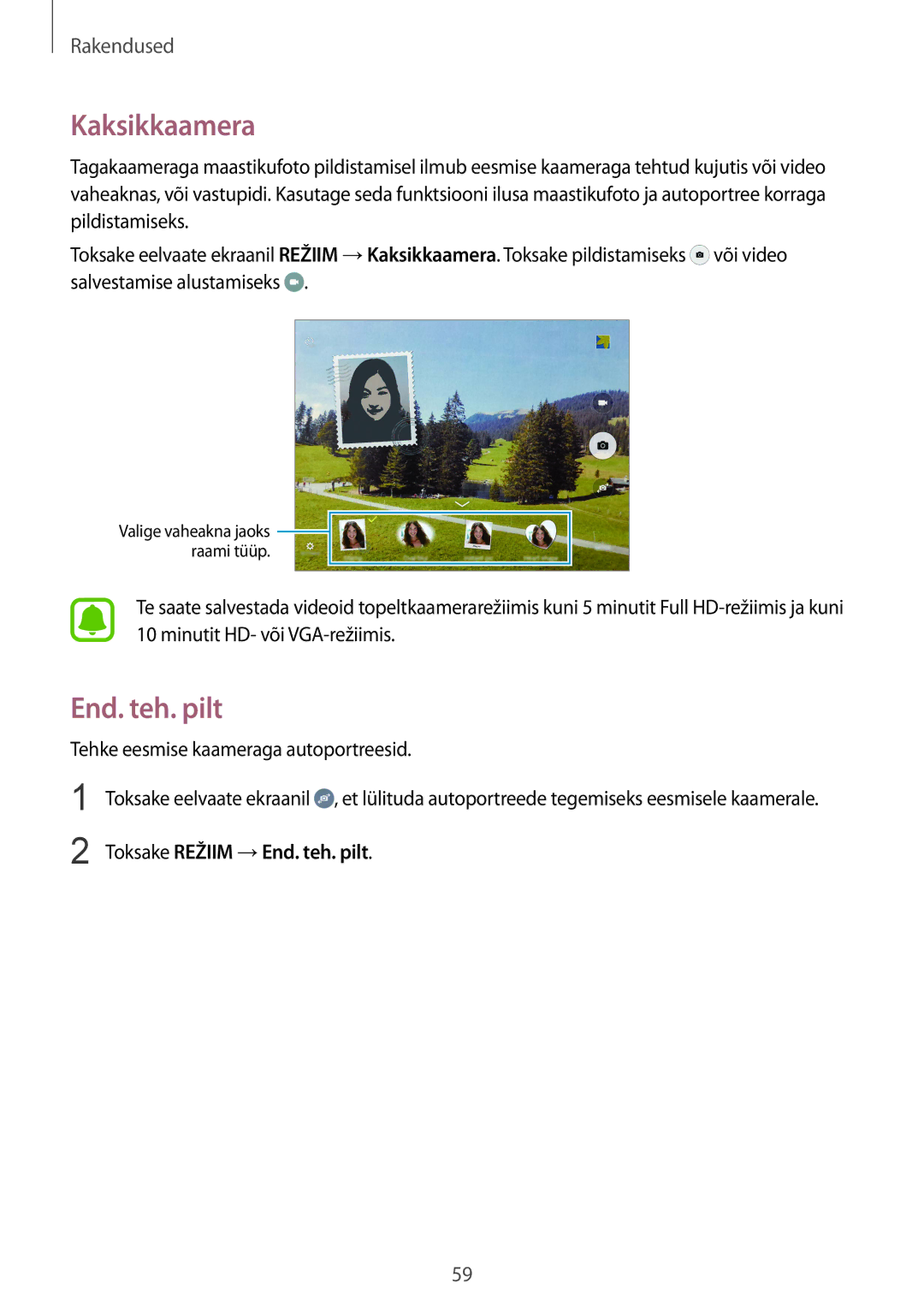 Samsung SM-T815NZWESEB, SM-T815NZDESEB, SM-T815NZKESEB manual Kaksikkaamera, End. teh. pilt 