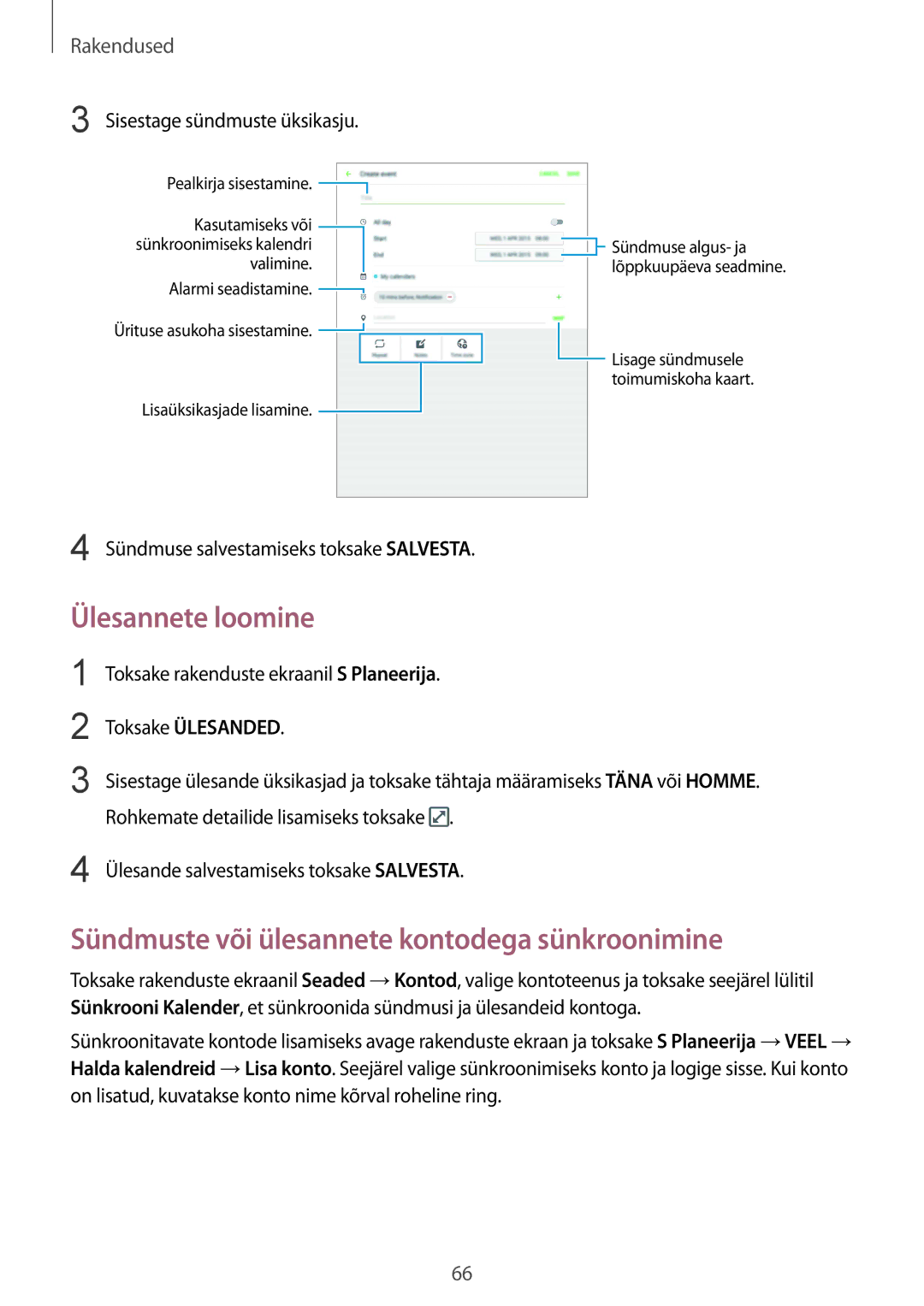 Samsung SM-T815NZDESEB, SM-T815NZKESEB, SM-T815NZWESEB Ülesannete loomine, Sündmuste või ülesannete kontodega sünkroonimine 