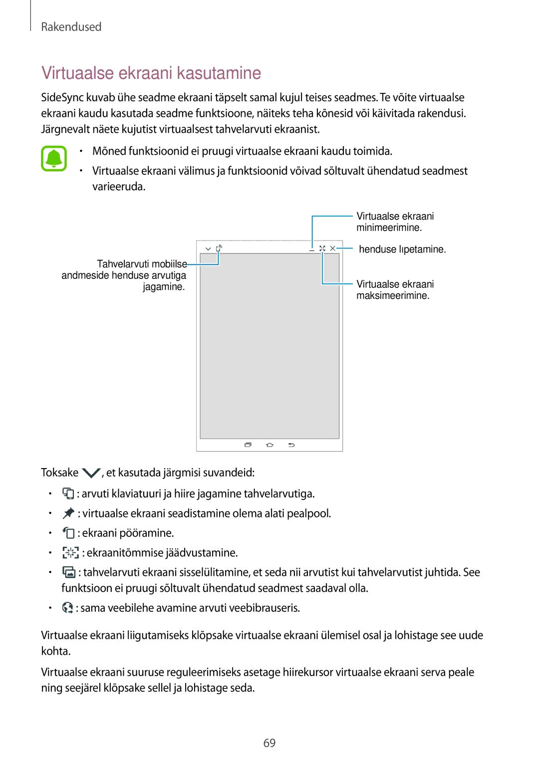 Samsung SM-T815NZDESEB, SM-T815NZKESEB, SM-T815NZWESEB manual Virtuaalse ekraani kasutamine 