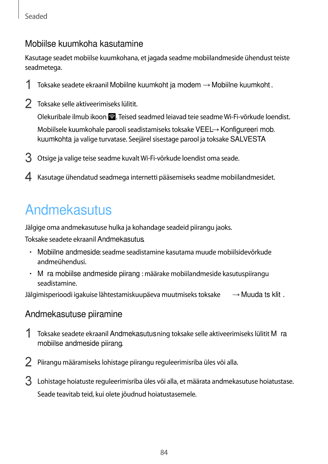 Samsung SM-T815NZDESEB, SM-T815NZKESEB, SM-T815NZWESEB manual Mobiilse kuumkoha kasutamine, Andmekasutuse piiramine 