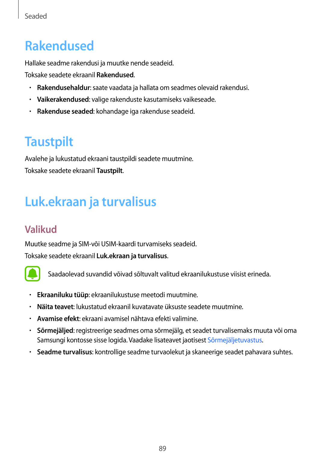 Samsung SM-T815NZWESEB, SM-T815NZDESEB, SM-T815NZKESEB manual Rakendused, Taustpilt, Luk.ekraan ja turvalisus 